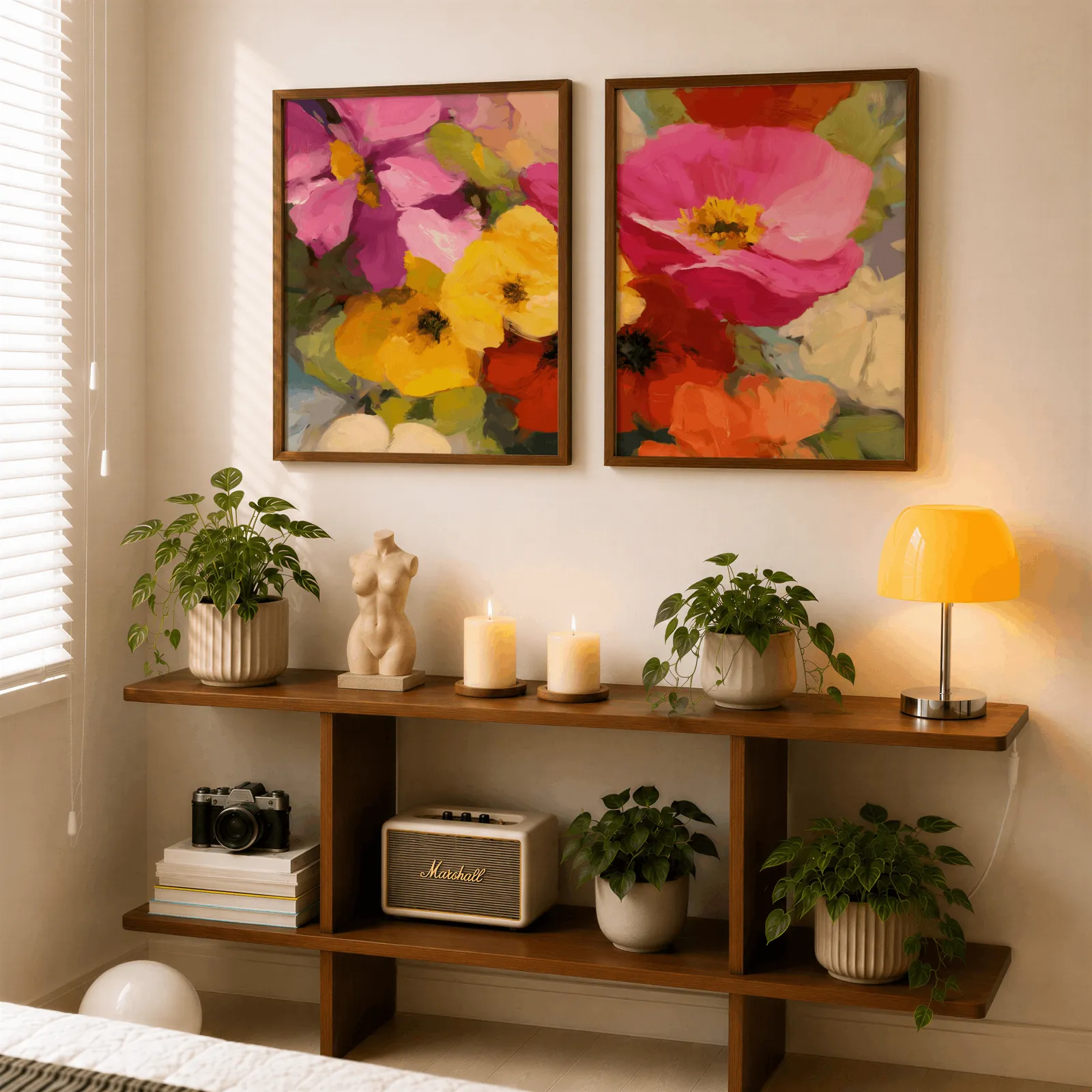 colorful floral wall art set of two, above a wooden console shelf with potted plants and a yellow lamp