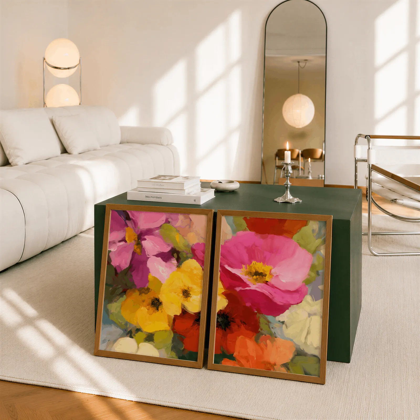 colorful floral wall art set of two, leaning against a dark green cube table beside an arched mirror