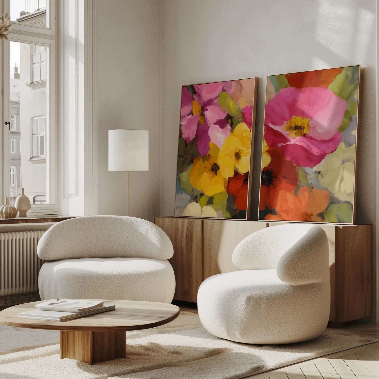colorful floral wall art set of two, propped against a wooden sideboard beside boucle armchairs
