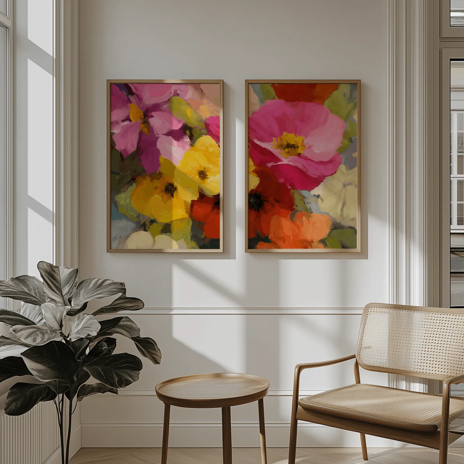 colorful floral wall art set of two, above wainscoting beside a cane armchair and fiddle-leaf fig