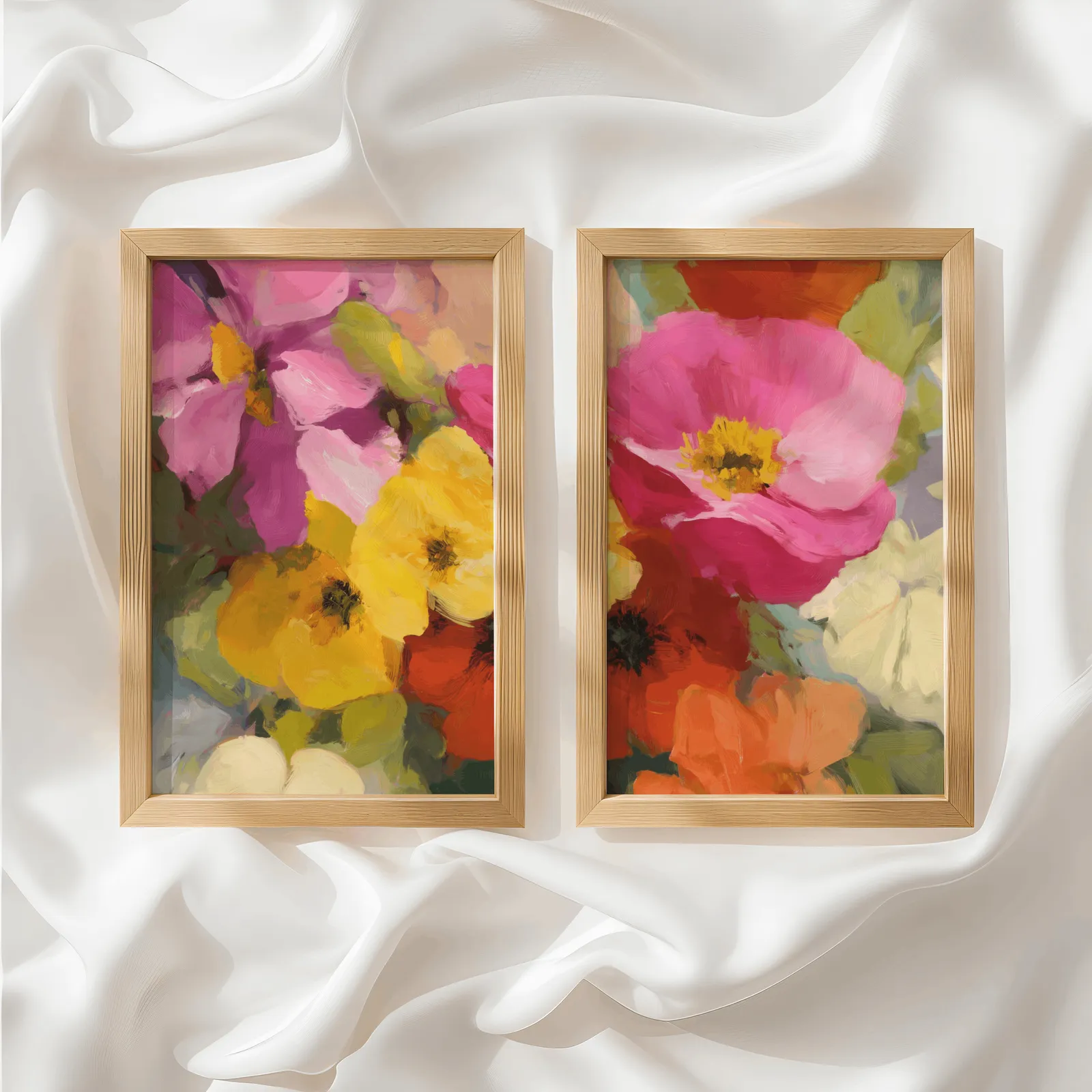 colorful floral wall art set of two, side by side atop rumpled white silky fabric