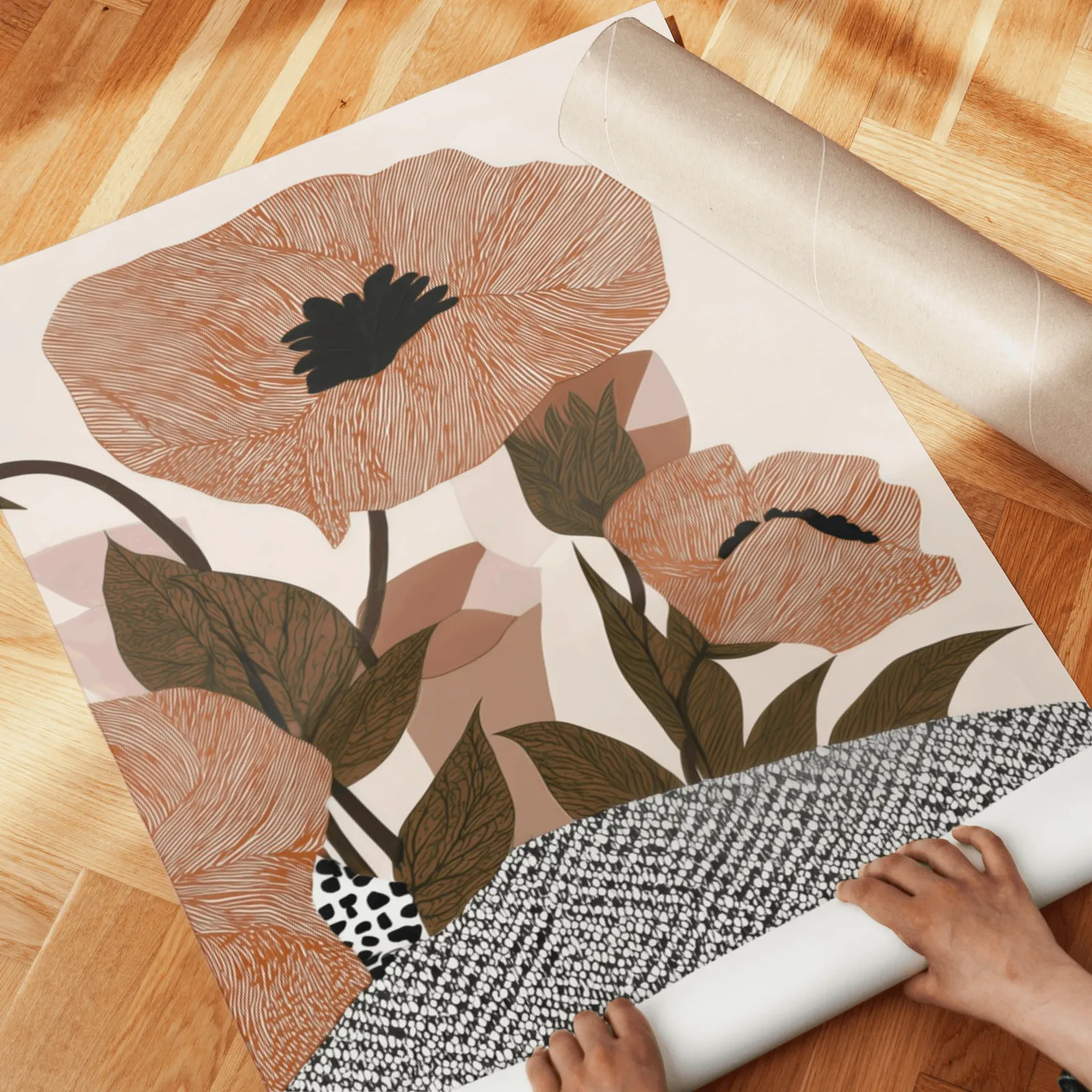 terracotta poppy botanical wall art set of two, unrolled across a herringbone parquet floor by hand
