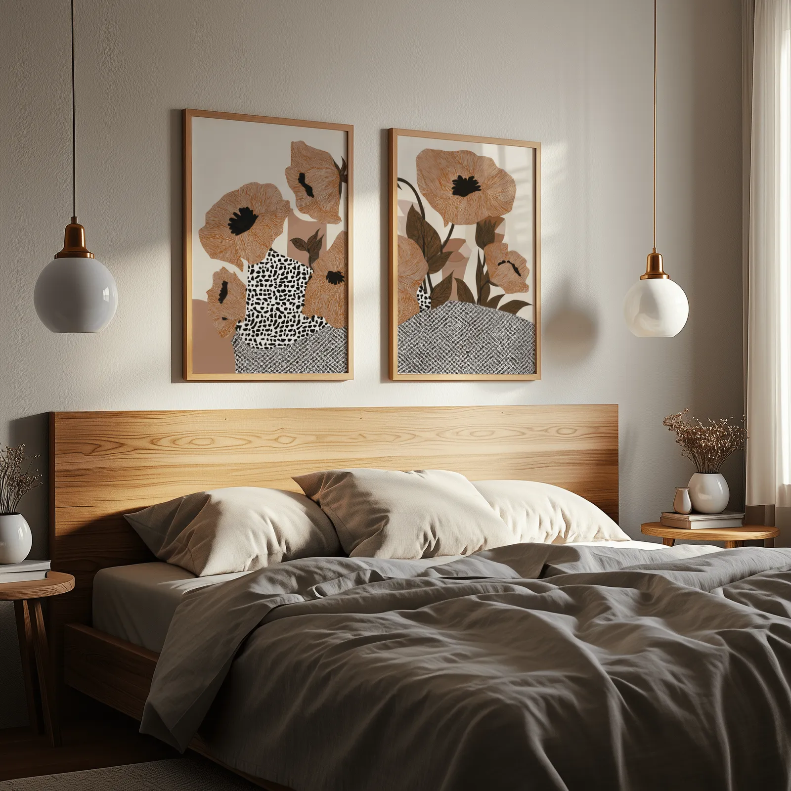 terracotta poppy botanical wall art set of two, above a wooden headboard flanked by globe pendant lights