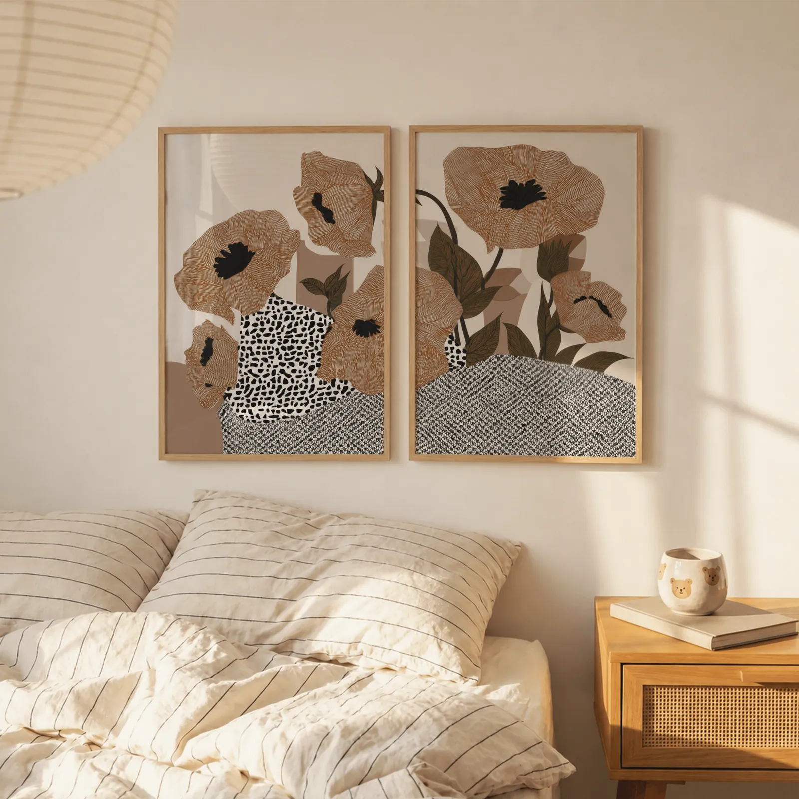 terracotta poppy botanical wall art set of two, above a striped linen bed beside a paper lantern shade