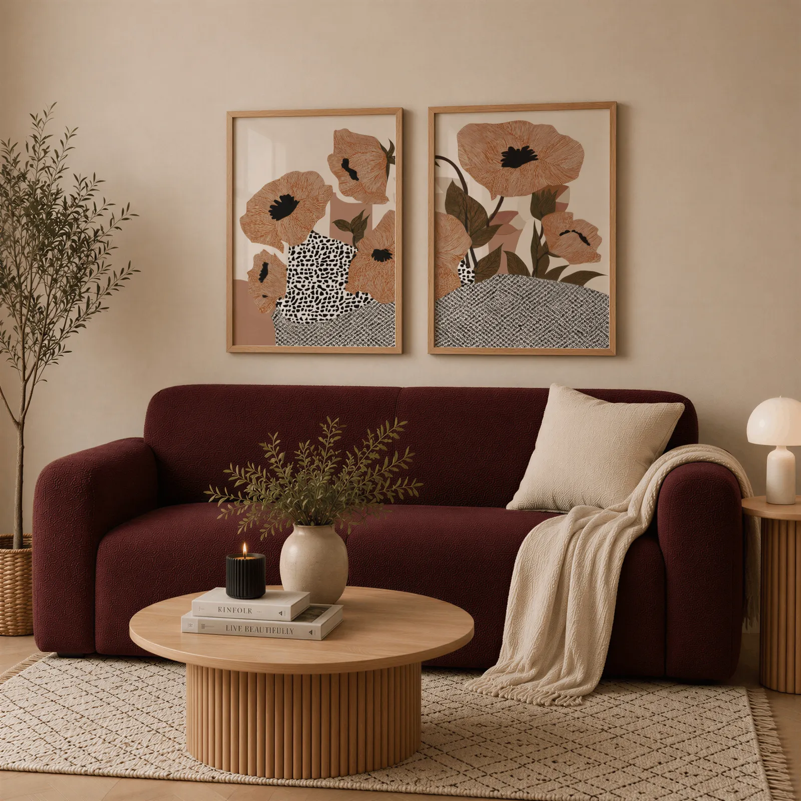 terracotta poppy botanical wall art set of two, above a deep burgundy boucle sofa with cream throw