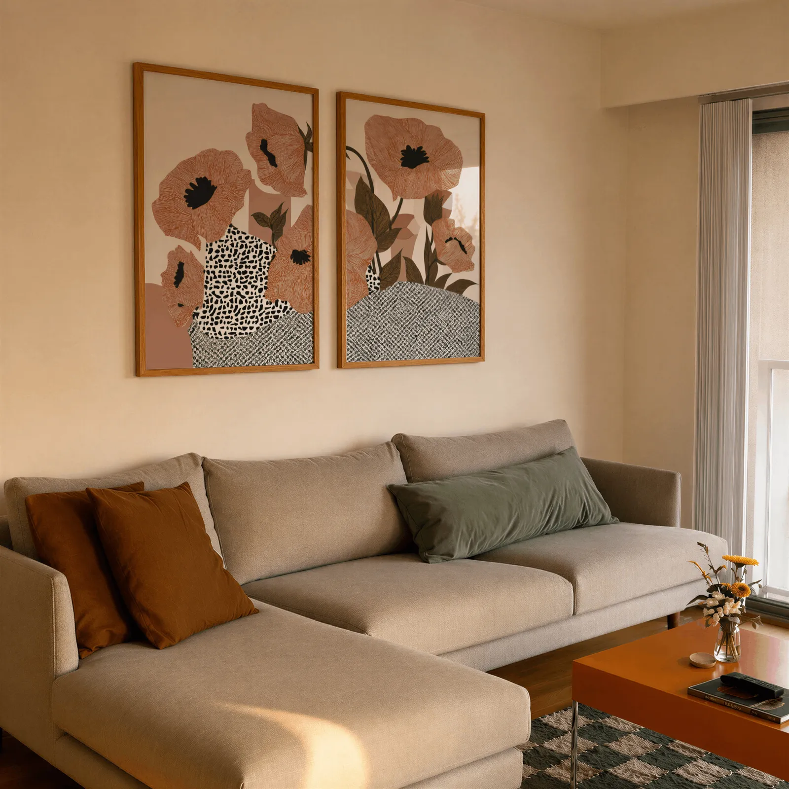 terracotta poppy botanical wall art set of two, side by side above a beige sectional sofa