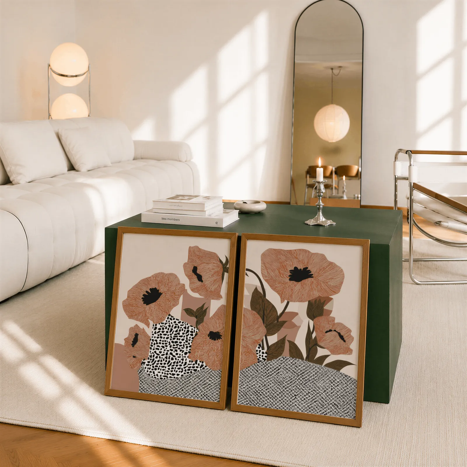 terracotta poppy botanical wall art set of two, leaning against a dark green cube table beside an arched mirror