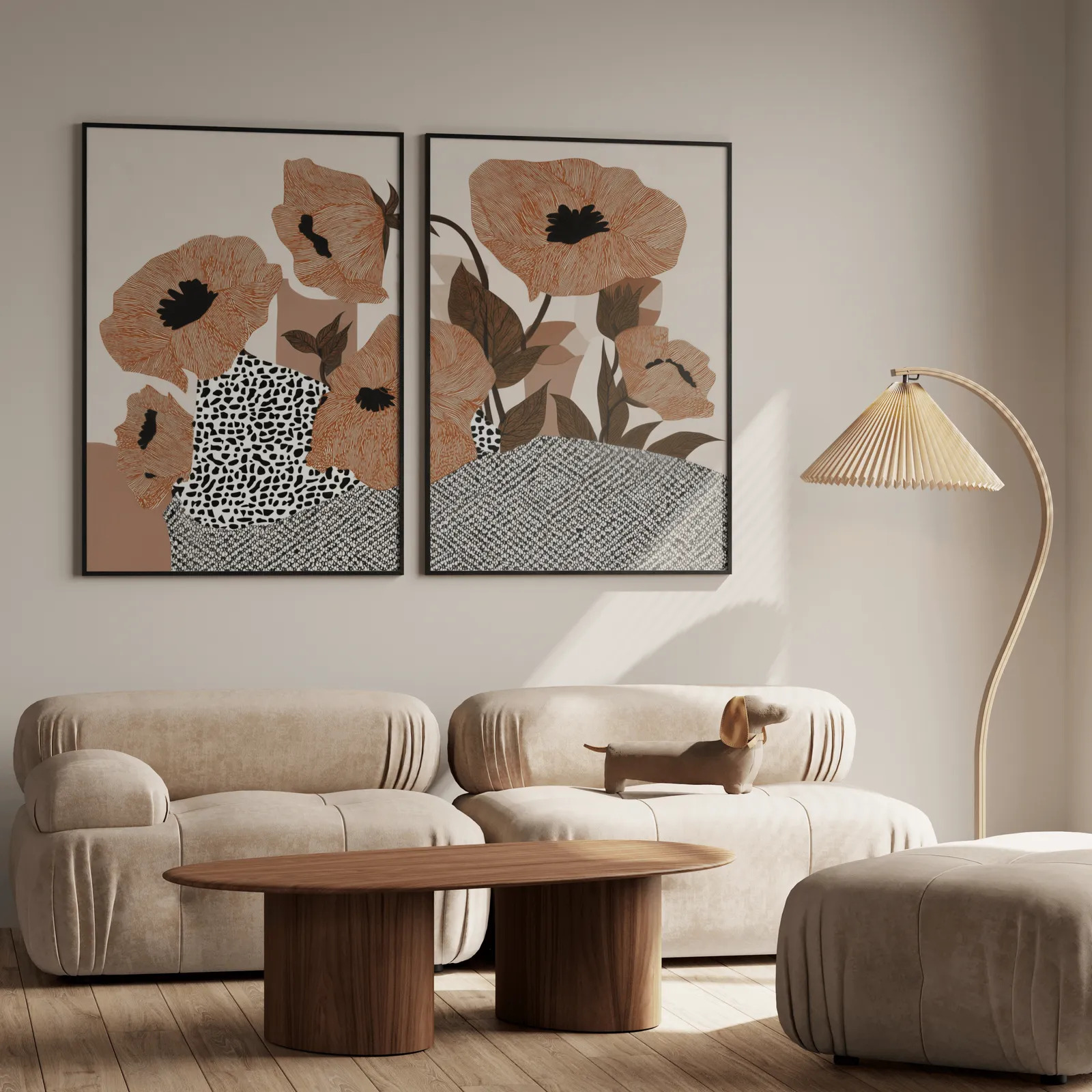terracotta poppy botanical wall art set of two, above a plush beige sofa with a pleated lamp nearby