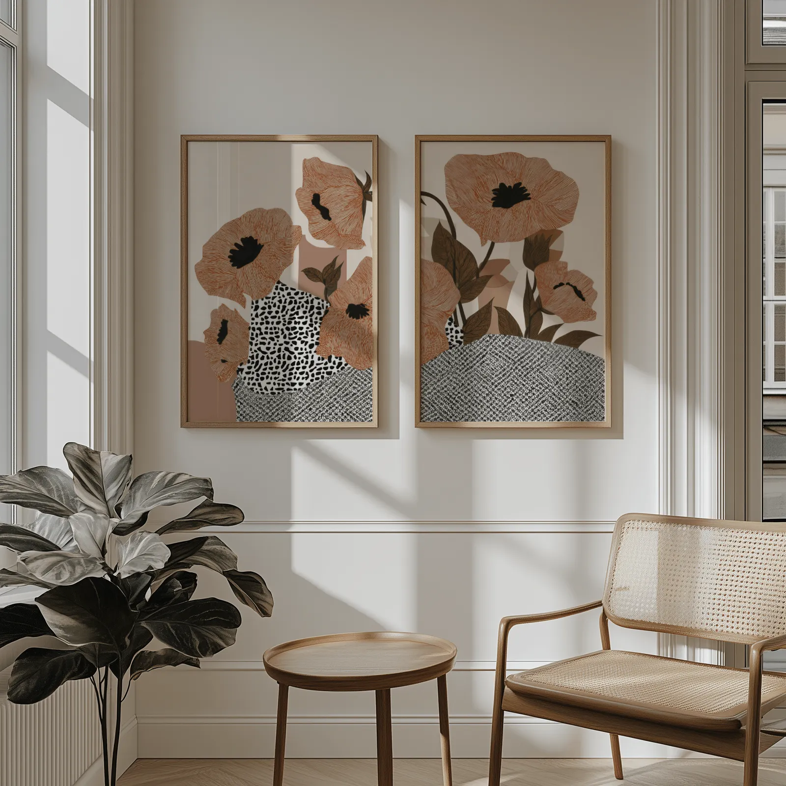 terracotta poppy botanical wall art set of two, above wainscoting beside a cane armchair and fiddle-leaf fig