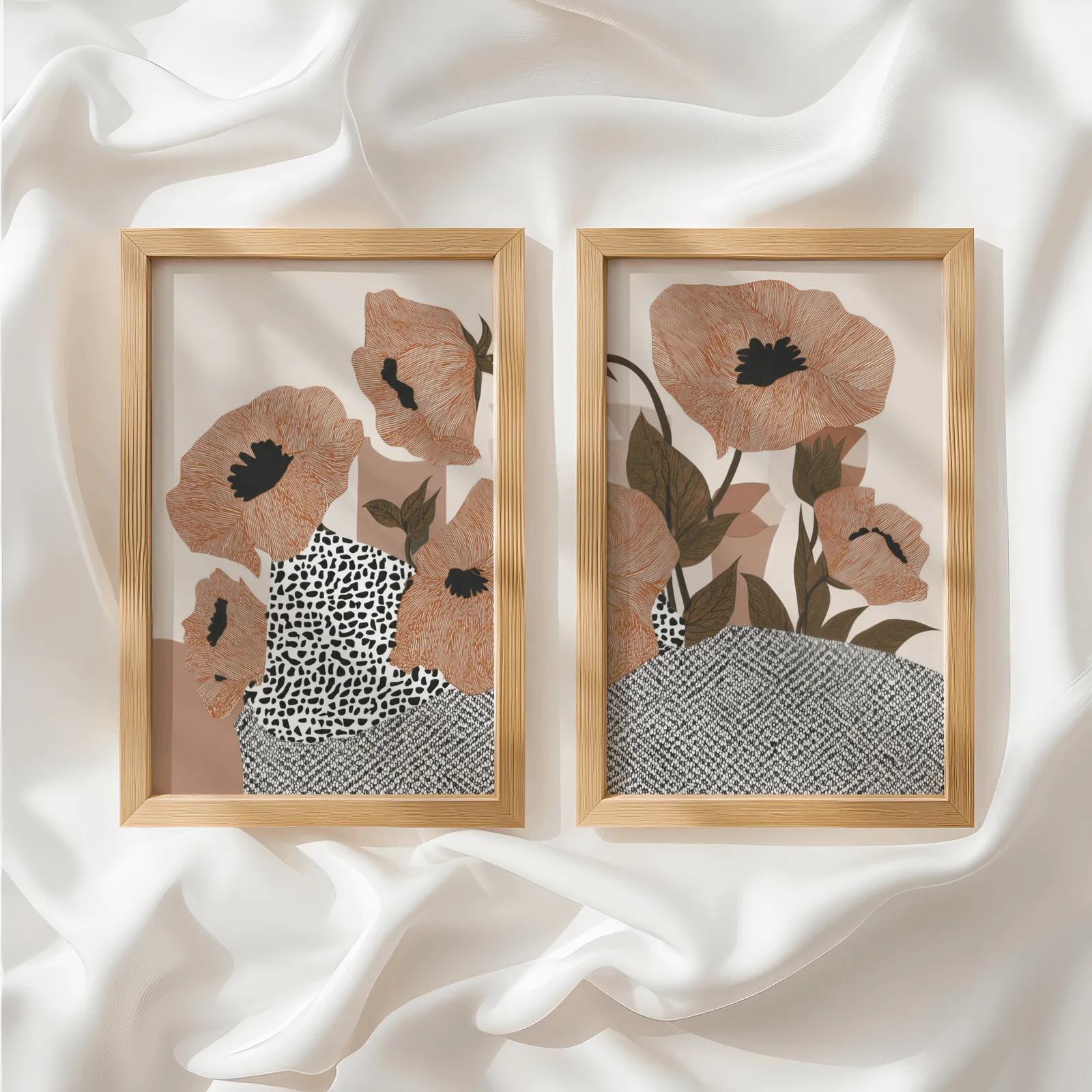 terracotta poppy botanical wall art set of two, side by side atop rumpled white silky fabric