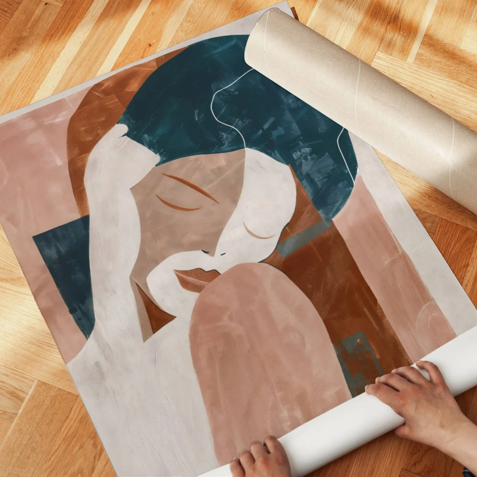 terracotta abstract woman wall art, unrolled across a herringbone parquet floor by hand