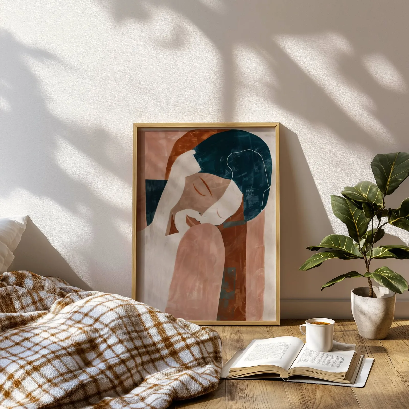 terracotta abstract woman wall art, leaning on a sunlit floor beside a plaid blanket and open book
