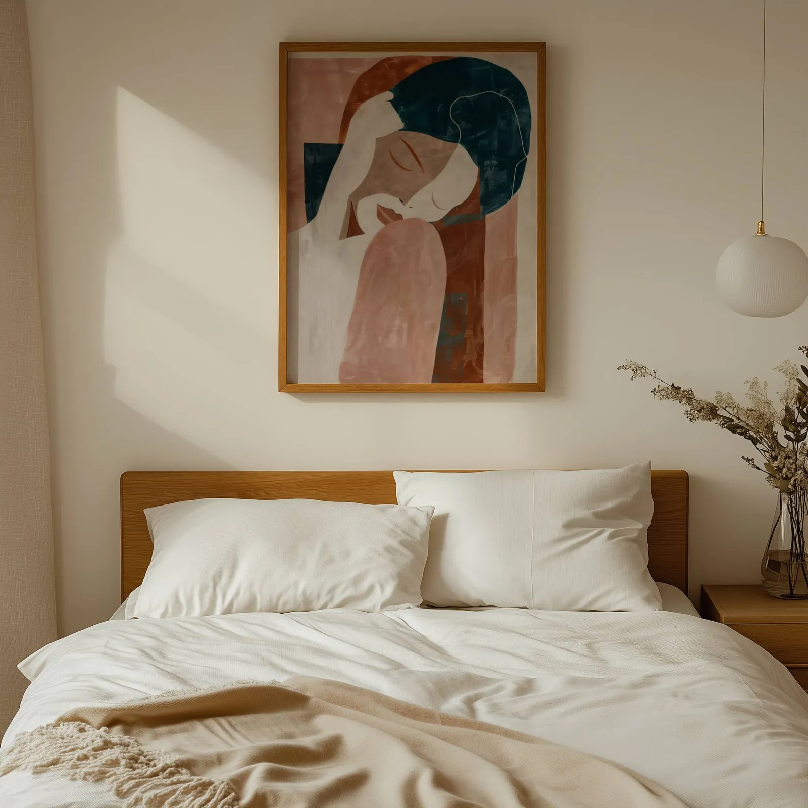 terracotta abstract woman wall art, above a wooden headboard with white linen pillows