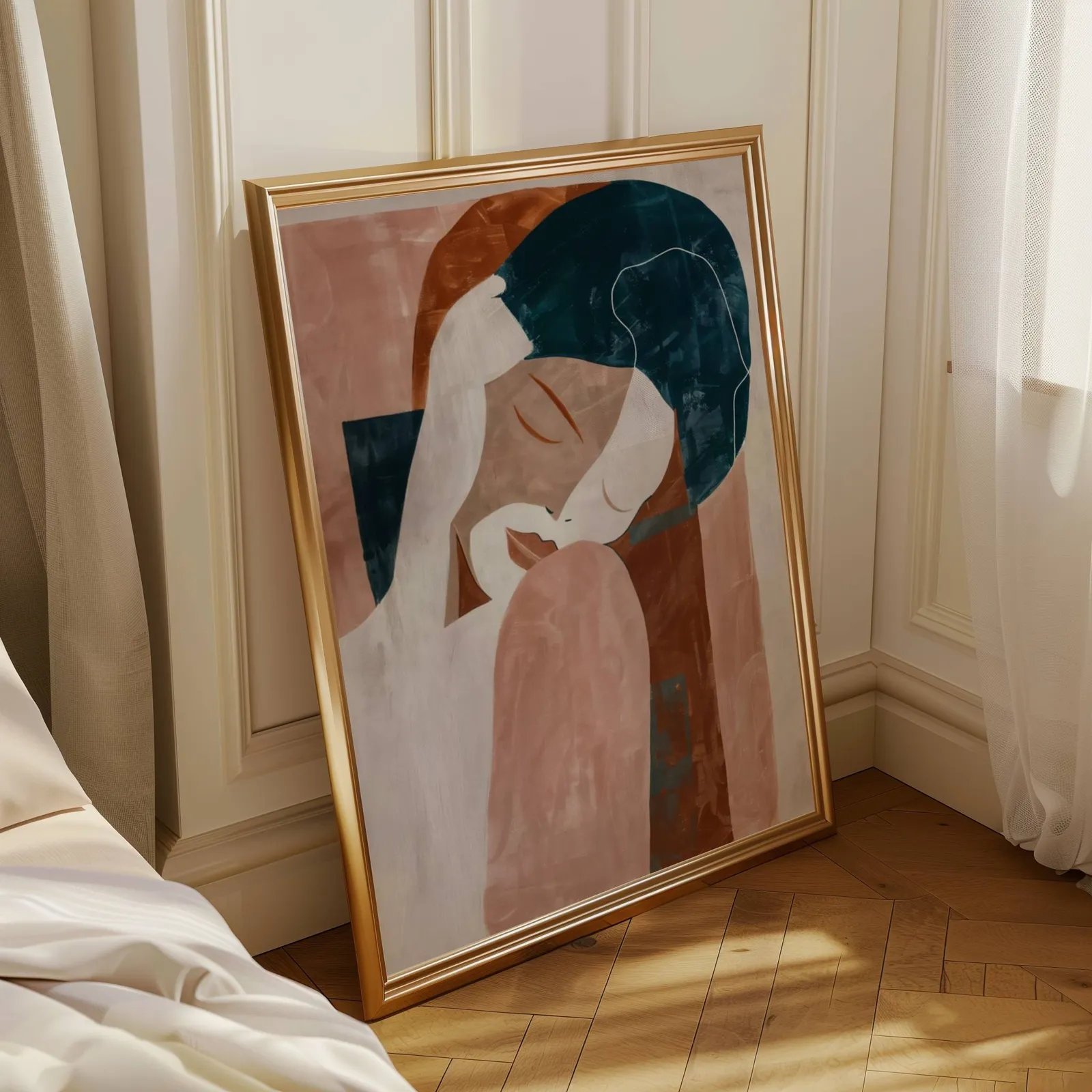 terracotta abstract woman wall art, leaning in a sunlit corner beside sheer curtains and herringbone floor