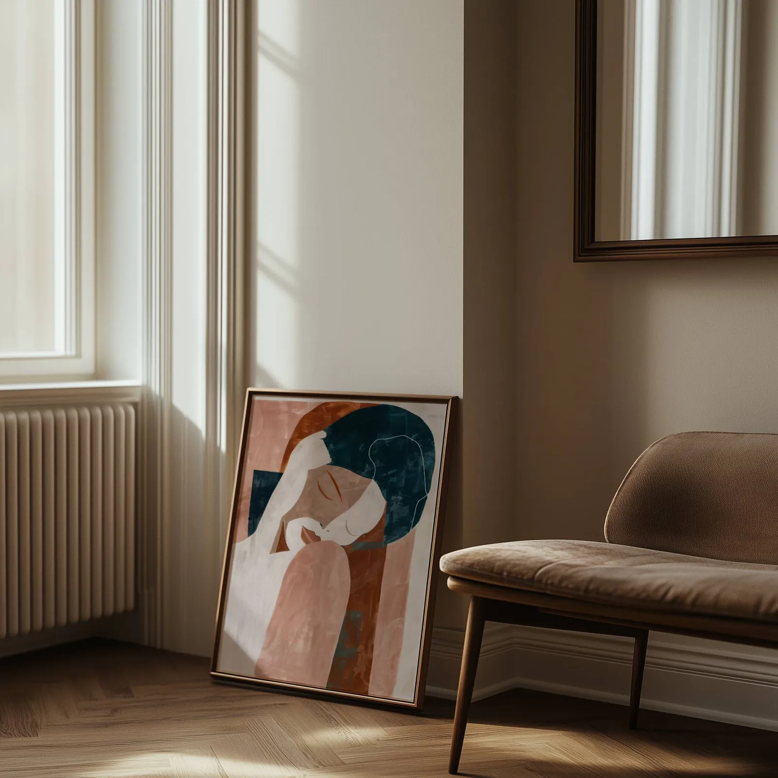 terracotta abstract woman wall art, leaning against the wall beside a sunlit radiator and herringbone floor