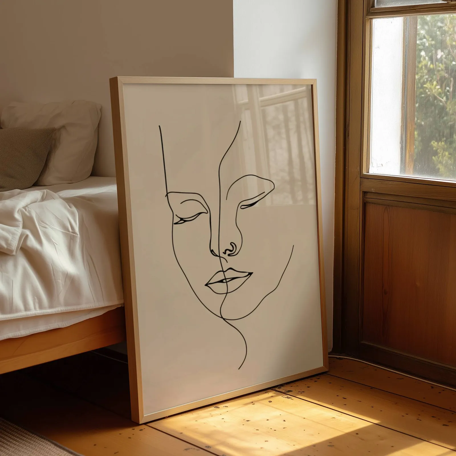 beige abstract face line art wall art, leaning by a sunlit window beside an unmade bed
