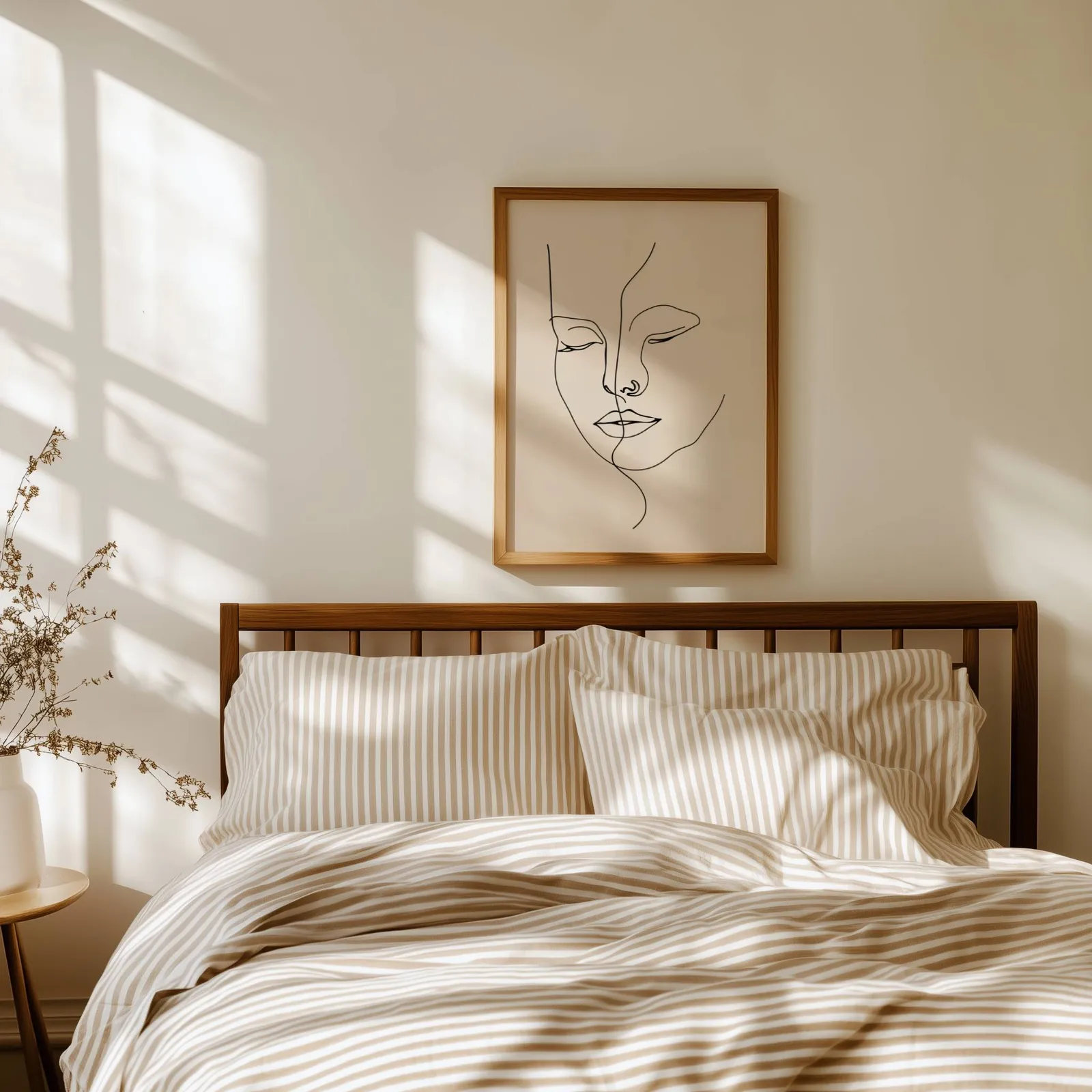 beige abstract face line art wall art, above a spindle headboard with striped linen bedding