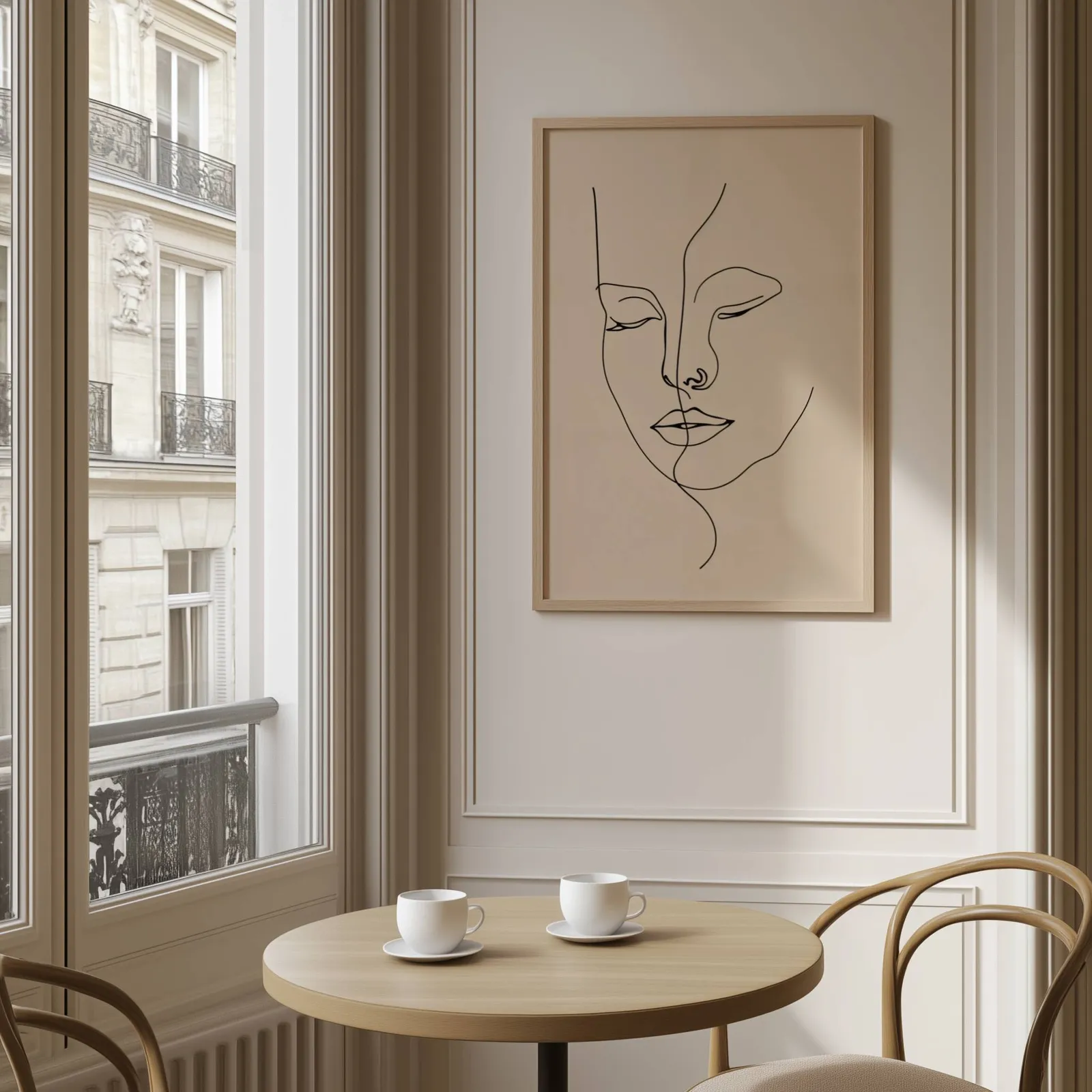 beige abstract face line art wall art, above a round café table set with two coffee cups