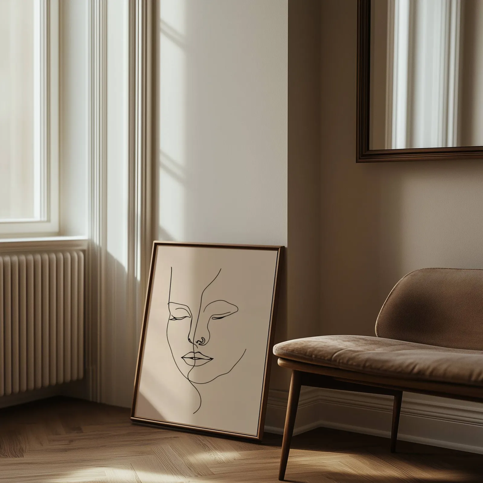 beige abstract face line art wall art, leaning against the wall beside a sunlit radiator and herringbone floor
