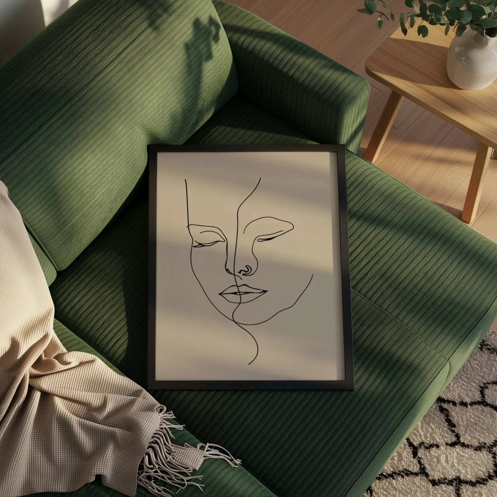beige abstract face line art wall art, propped on a ribbed olive-green sofa beside a fringed throw