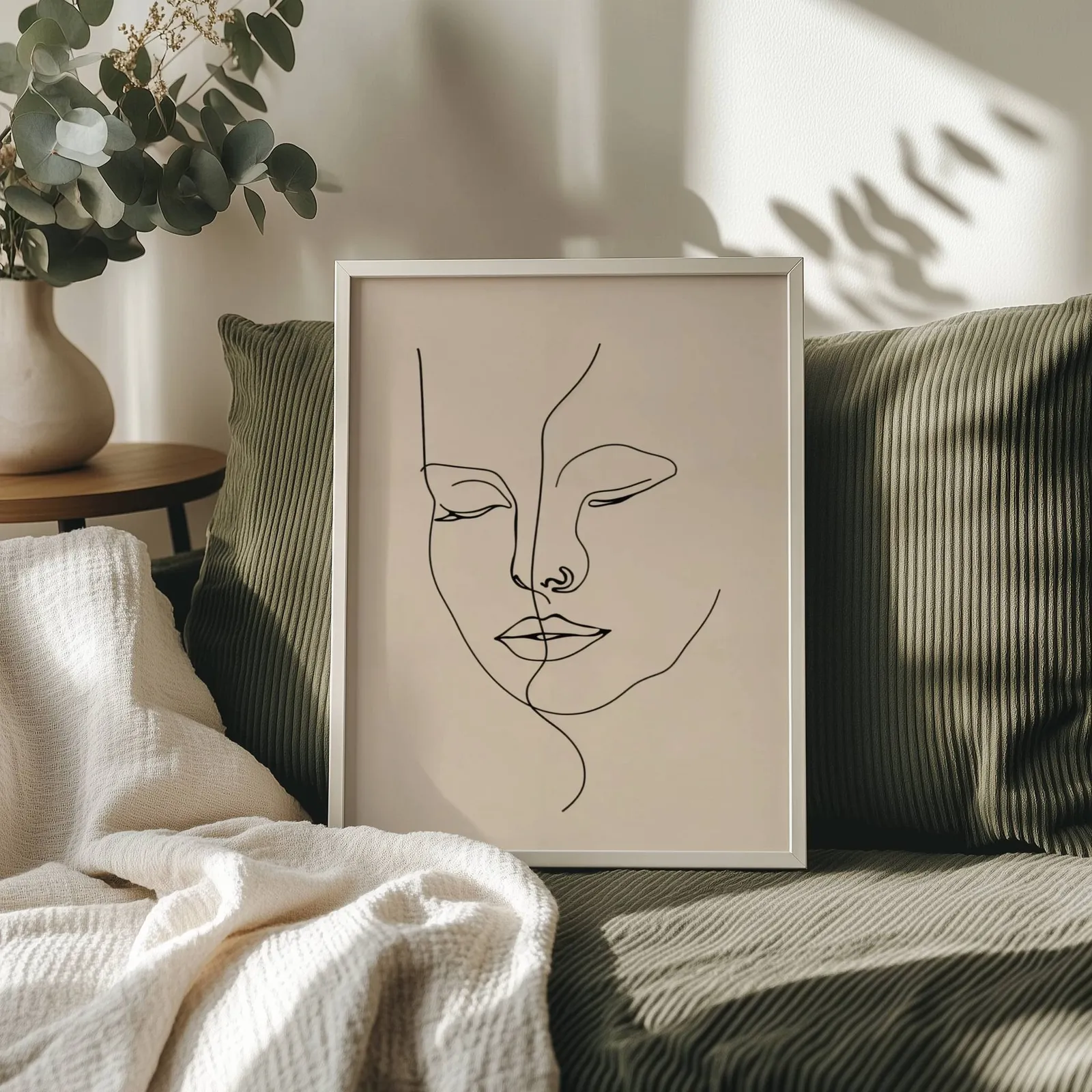 beige abstract face line art wall art, propped on an olive corduroy sofa beside a eucalyptus vase