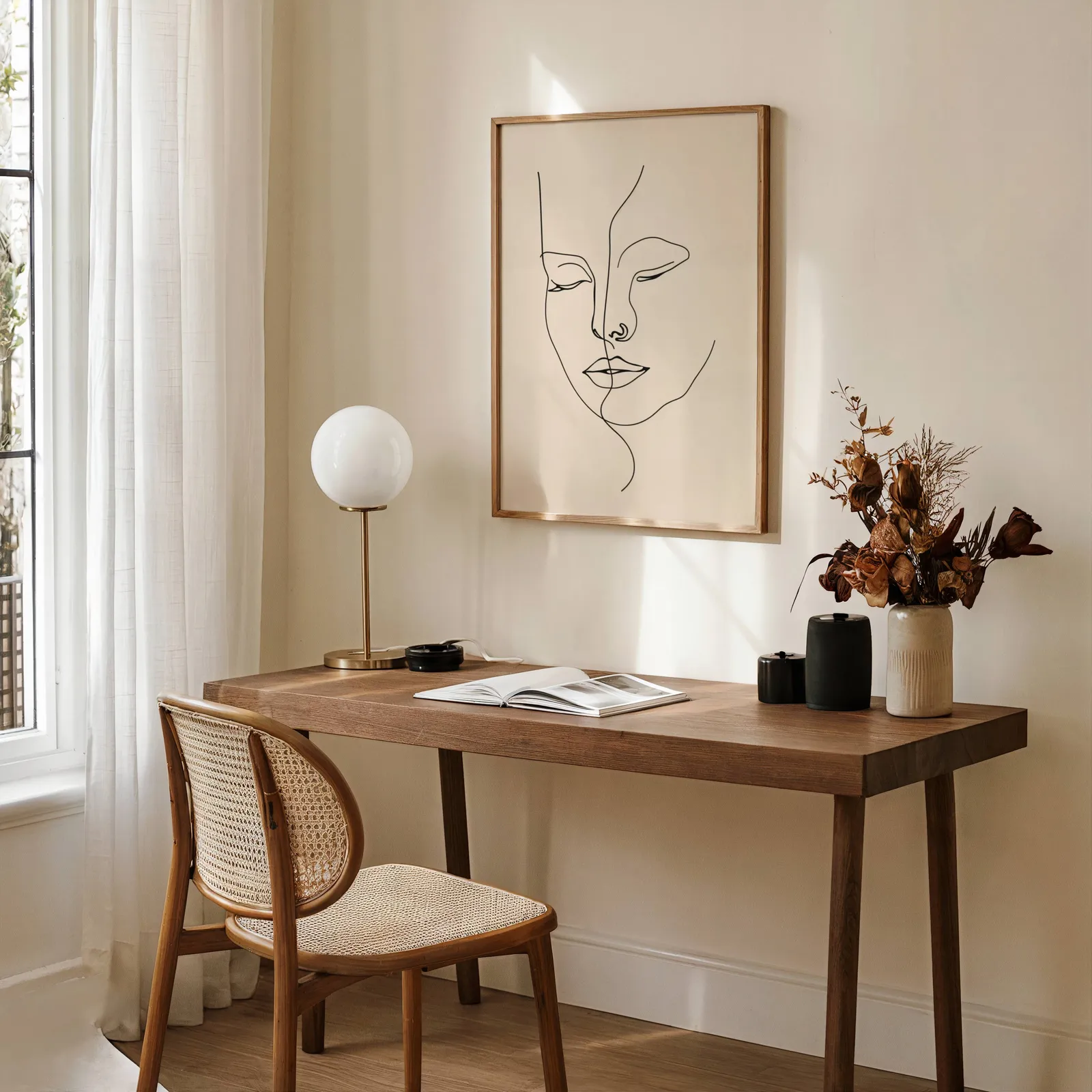 beige abstract face line art wall art, above a wooden desk with a globe lamp and dried flowers