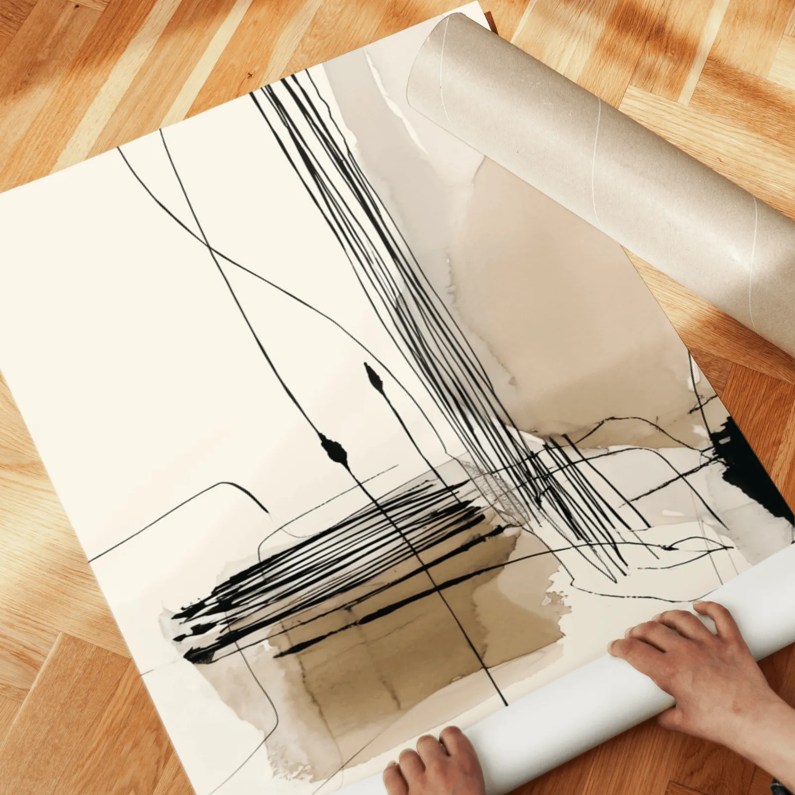 neutral abstract minimalist wall art set of three, unrolled across a herringbone wood floor by hand