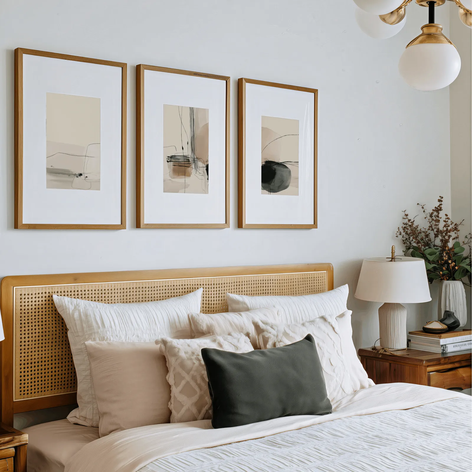 neutral abstract minimalist wall art set of three, above a rattan headboard piled with pillows