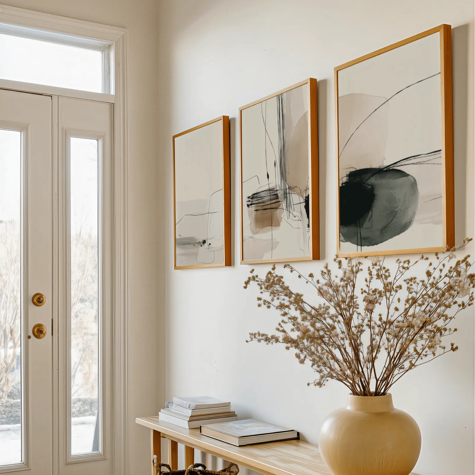 neutral abstract minimalist wall art set of three, above a console table with a yellow vase of dried branches
