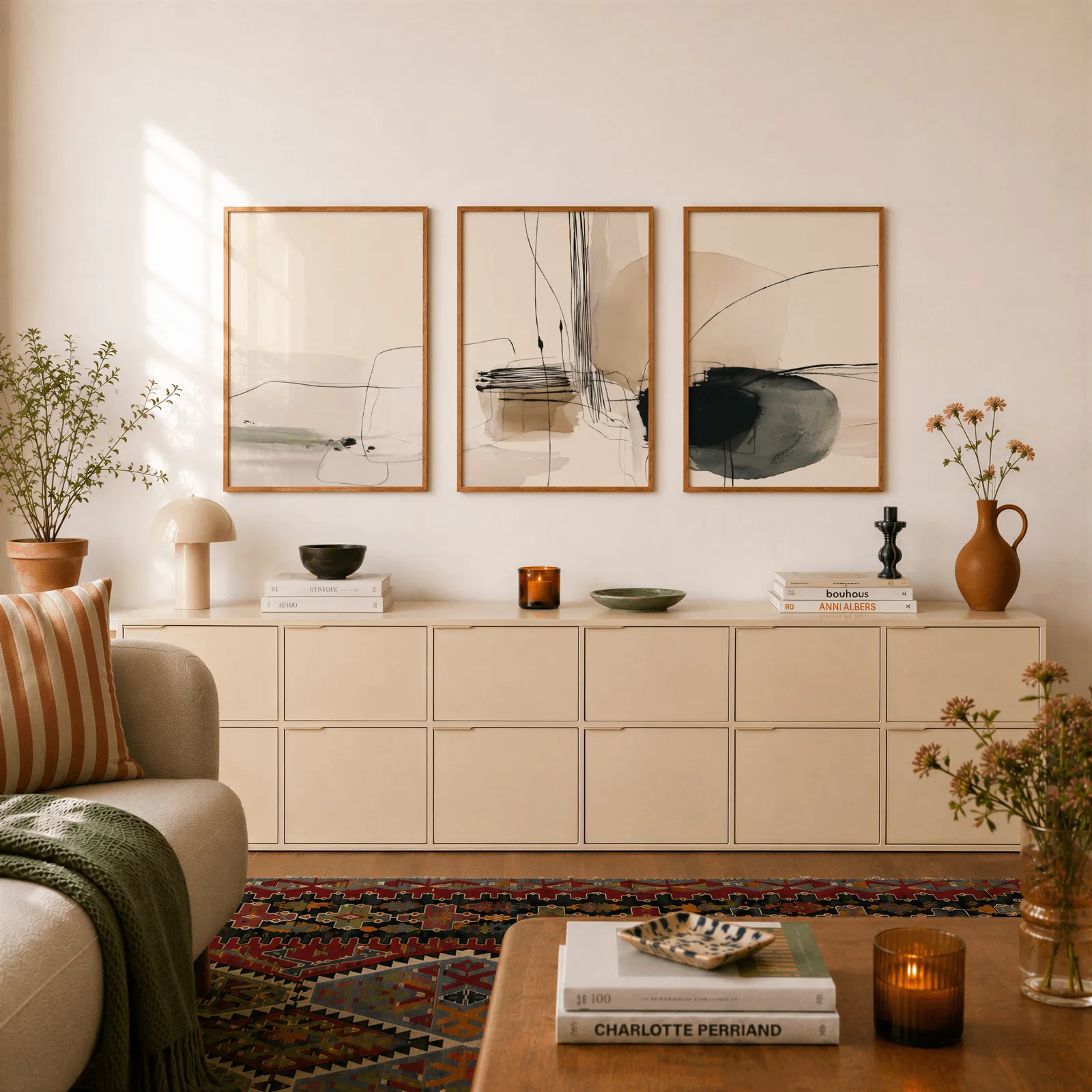 neutral abstract minimalist wall art set of three, above a long cream sideboard topped with books and a terracotta jug