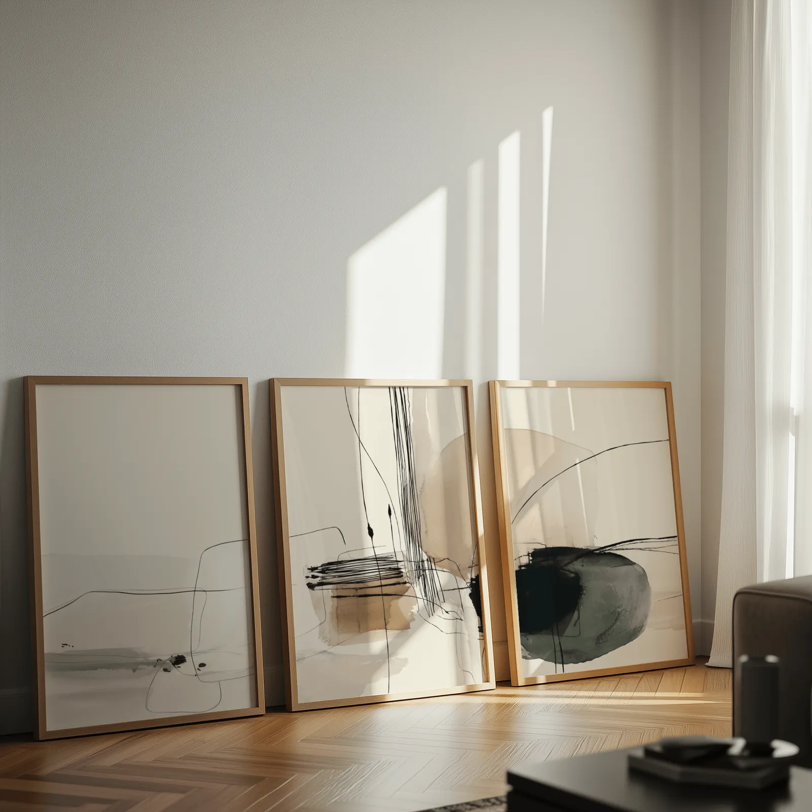 neutral abstract minimalist wall art set of three, leaning against a sunlit wall on herringbone flooring