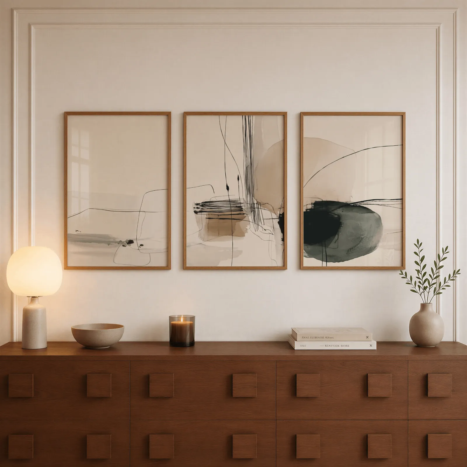 neutral abstract minimalist wall art set of three, above a walnut sideboard with a lit candle and glowing lamp