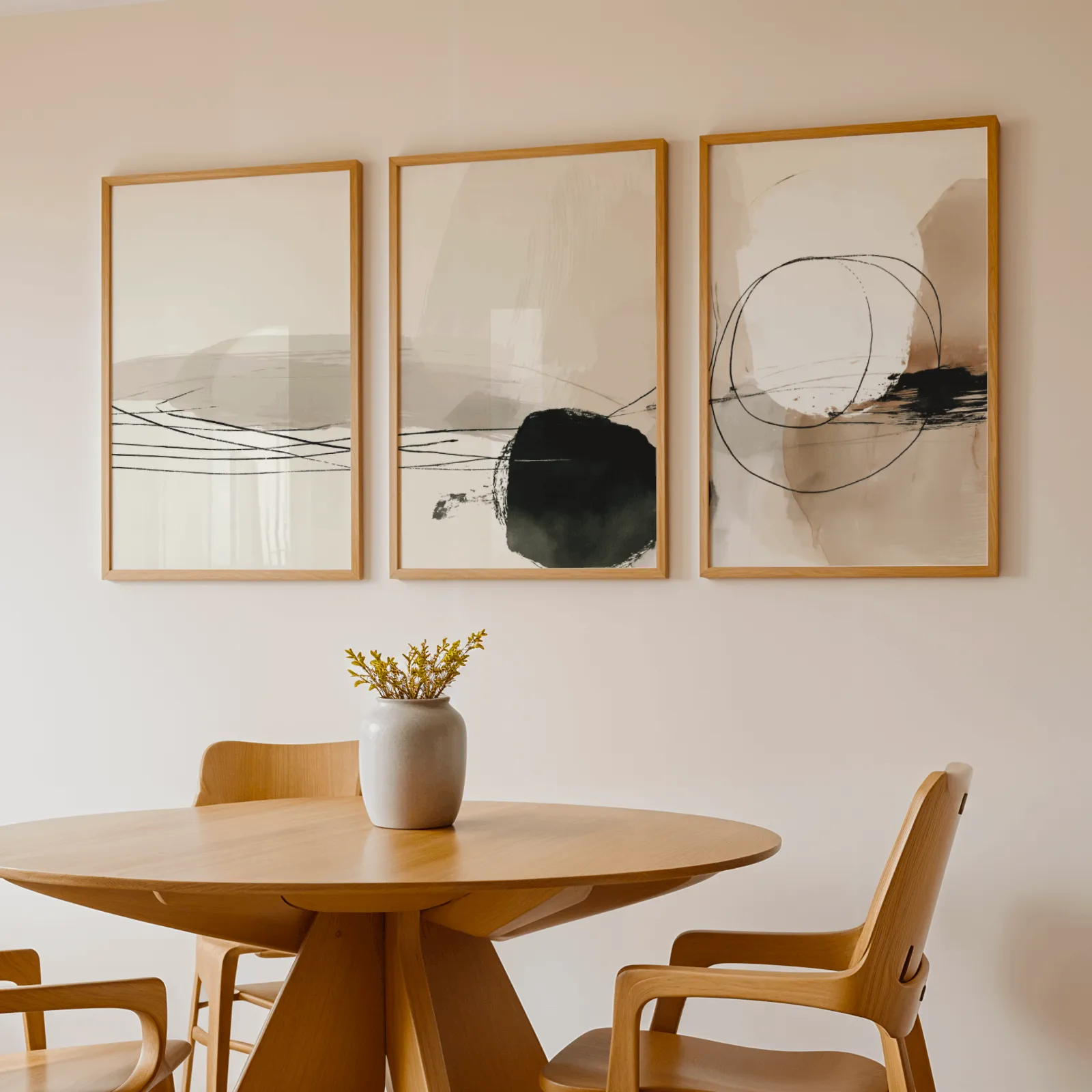 neutral abstract minimalist triptych wall art, above a round wooden table with a stoneware vase