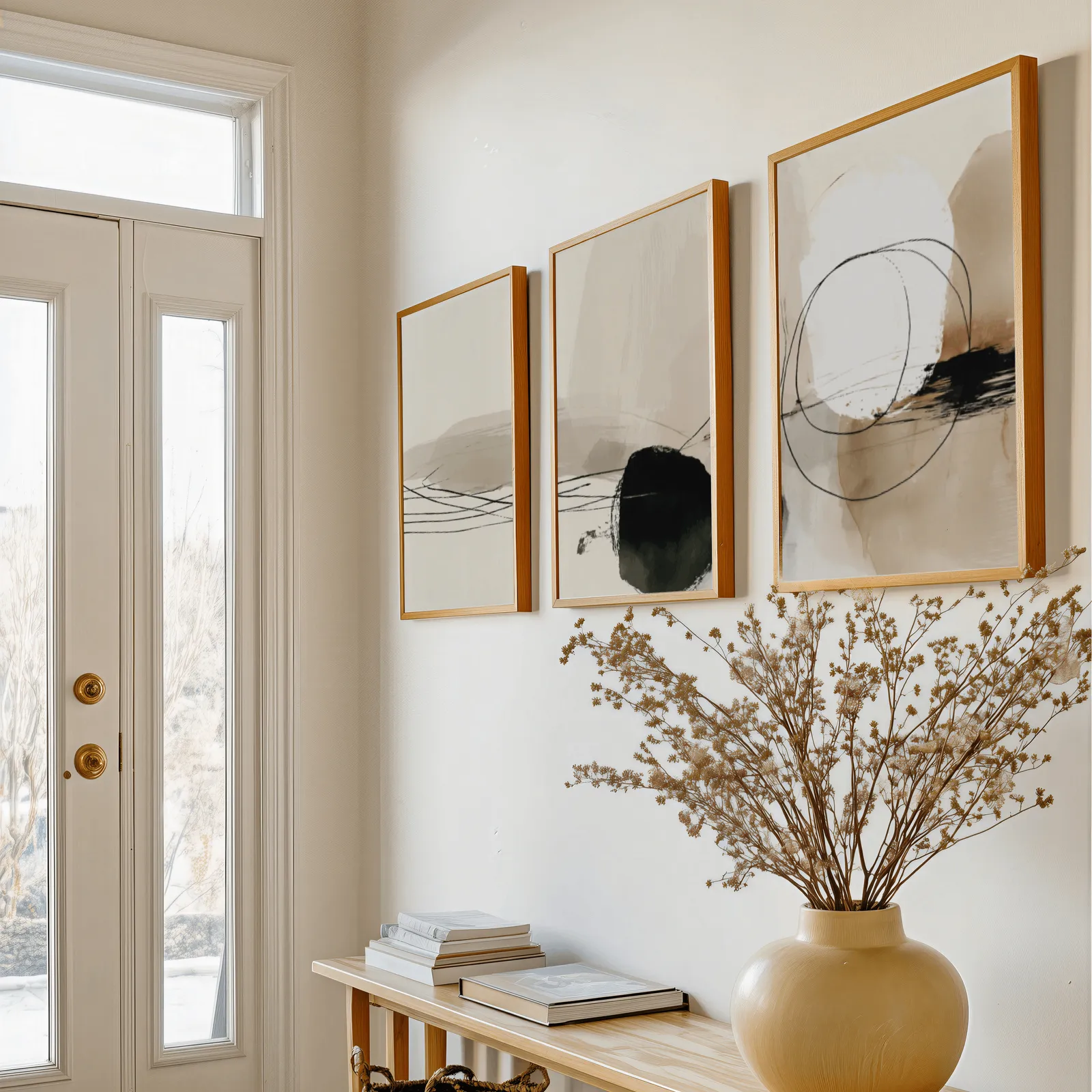 neutral abstract minimalist triptych wall art, above a console table with a yellow vase of dried branches