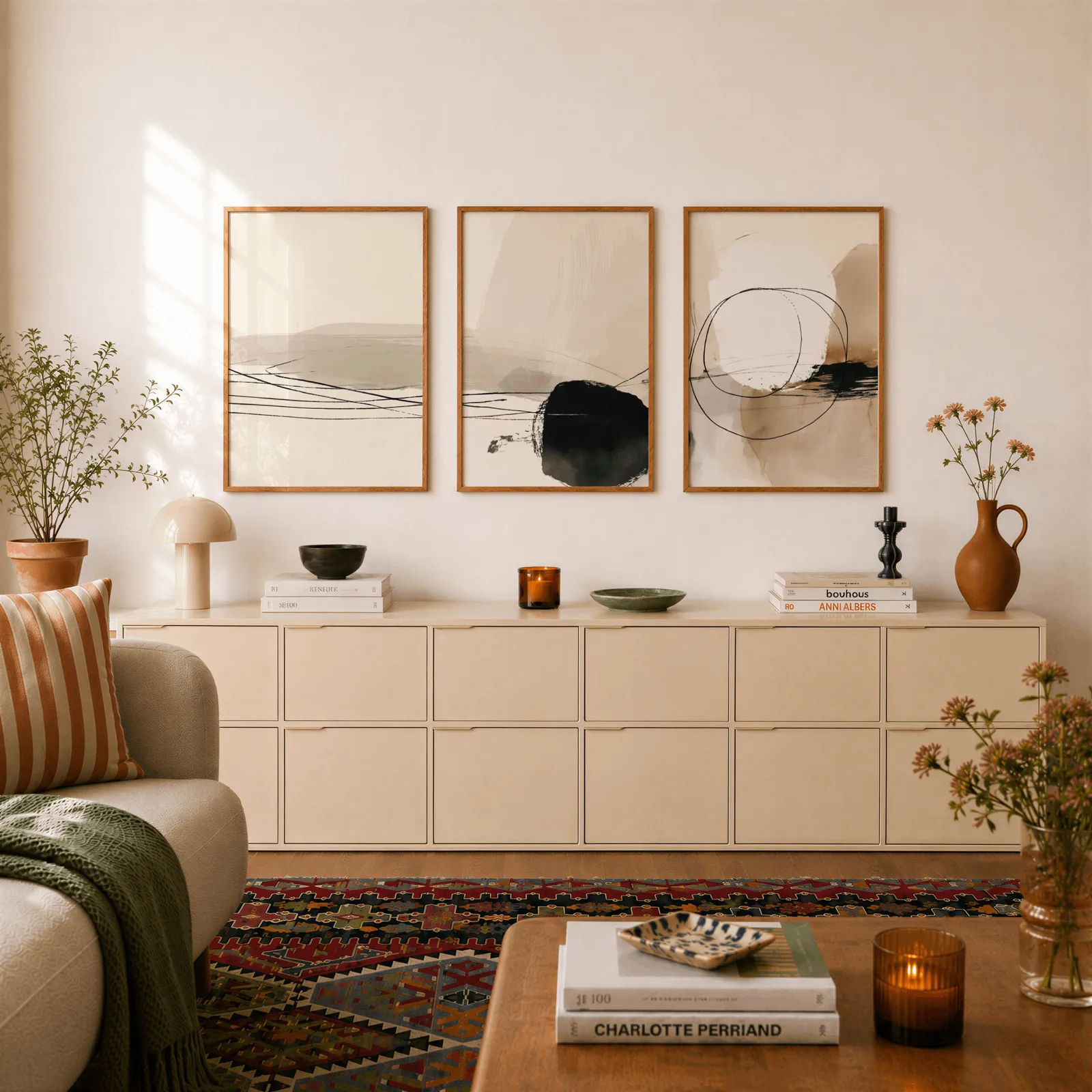 neutral abstract minimalist triptych wall art, above a long cream sideboard topped with books and a terracotta jug