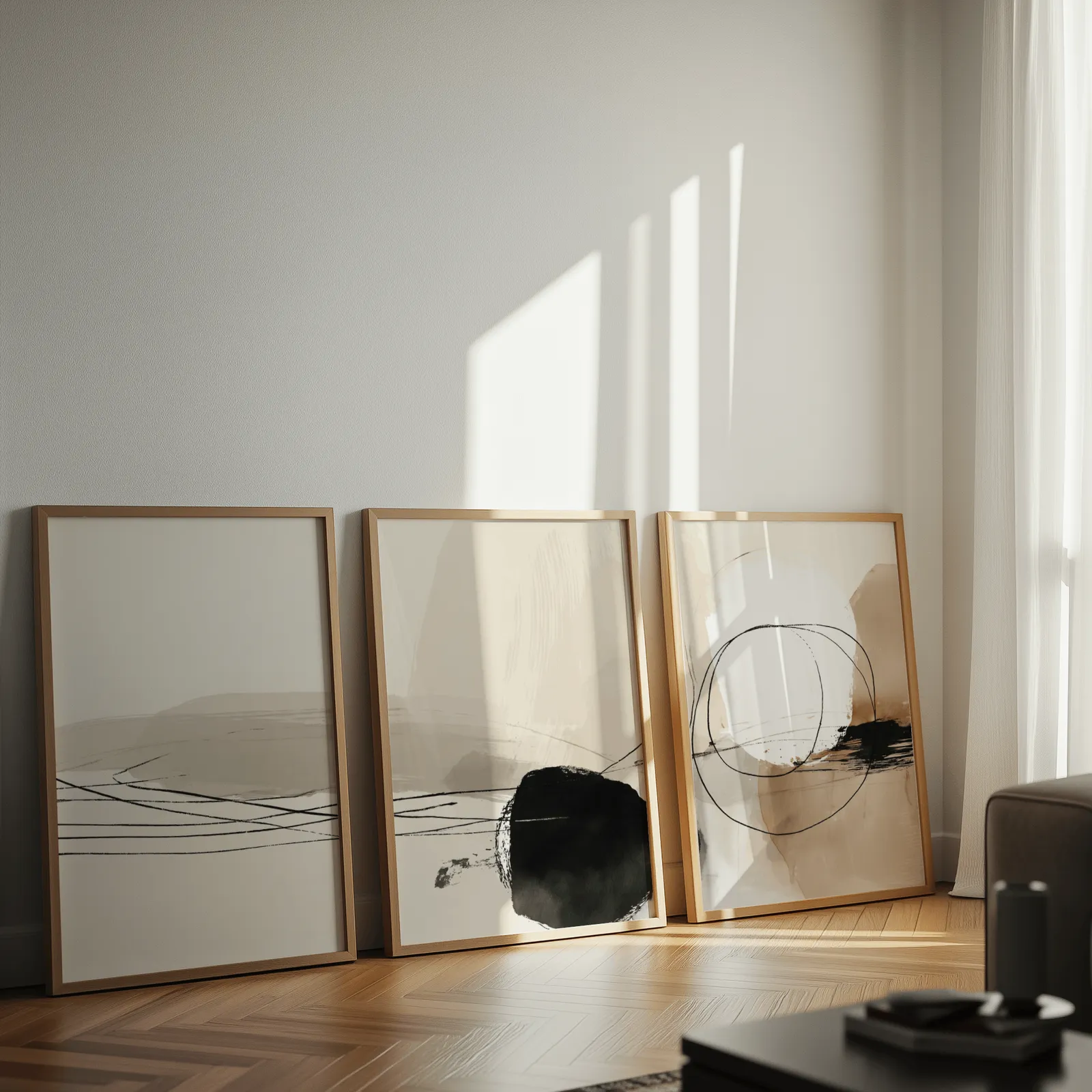 neutral abstract minimalist triptych wall art, leaning against a sunlit wall on herringbone flooring