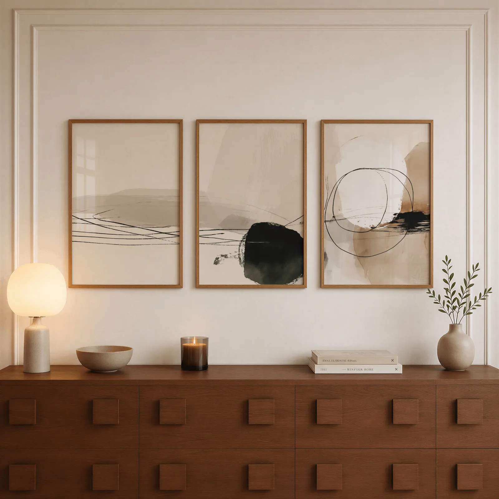 neutral abstract minimalist triptych wall art, above a walnut sideboard with a lit candle and glowing lamp