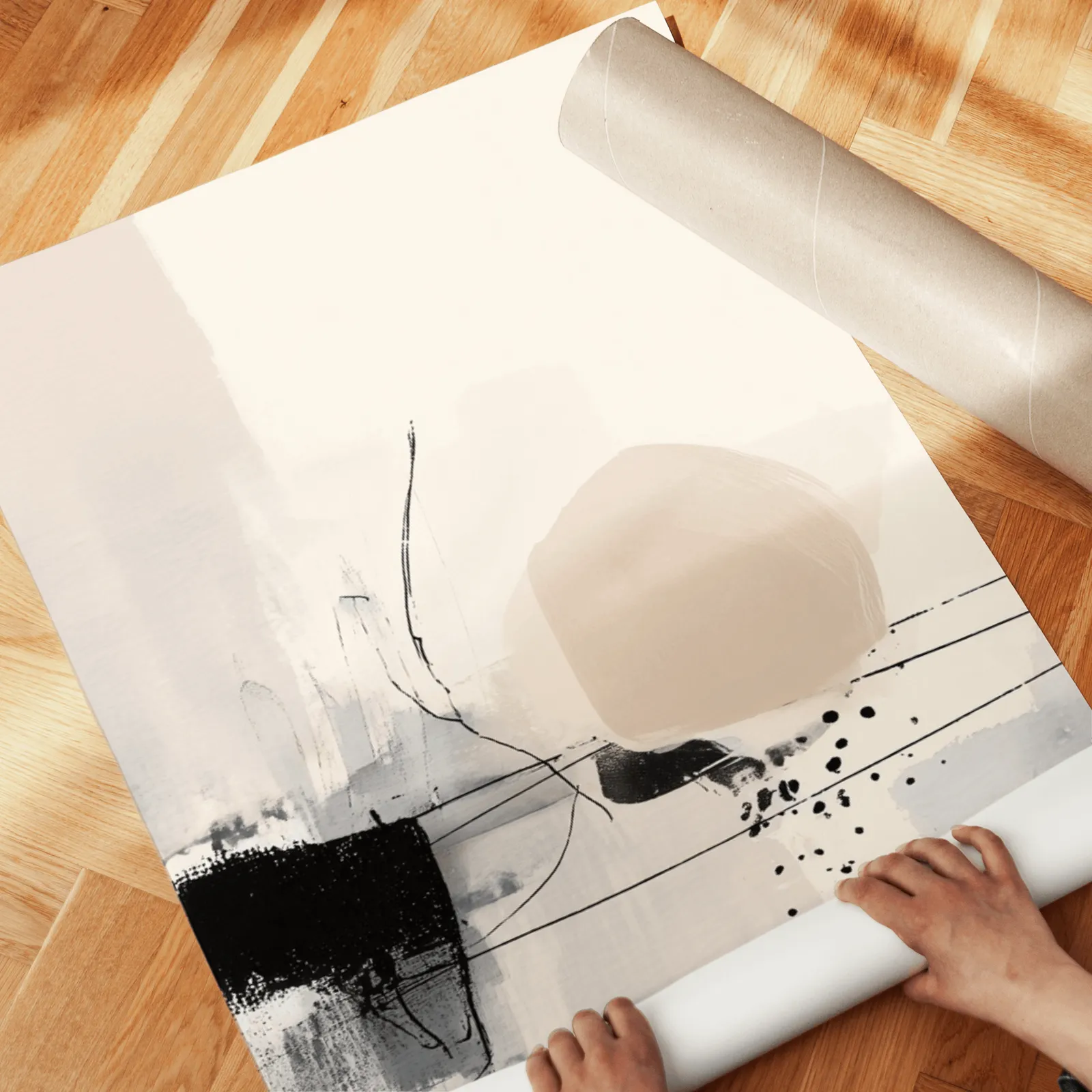 neutral abstract minimalist wall art set of three, unrolled across a herringbone wood floor by hand