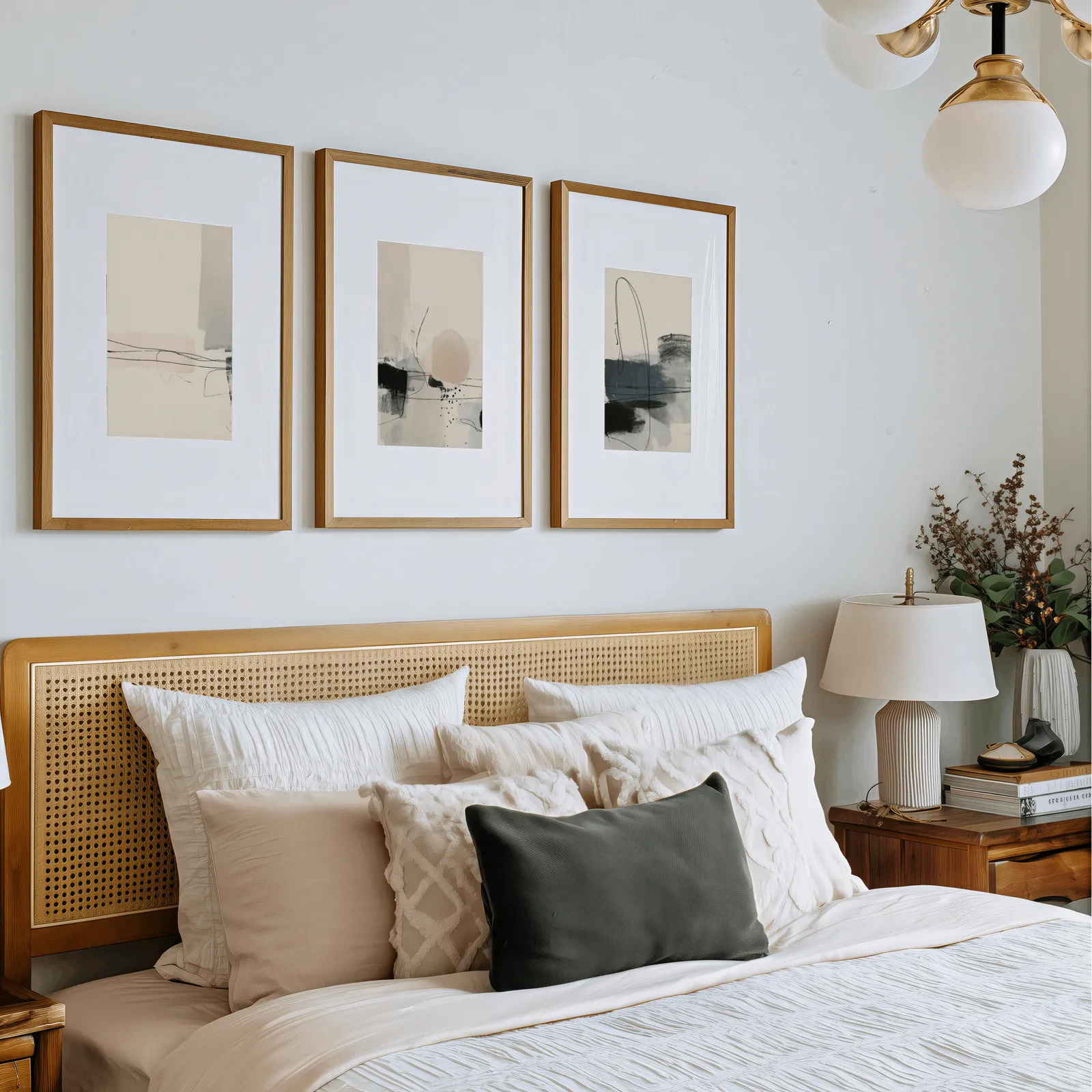 neutral abstract minimalist wall art set of three, above a rattan headboard piled with pillows