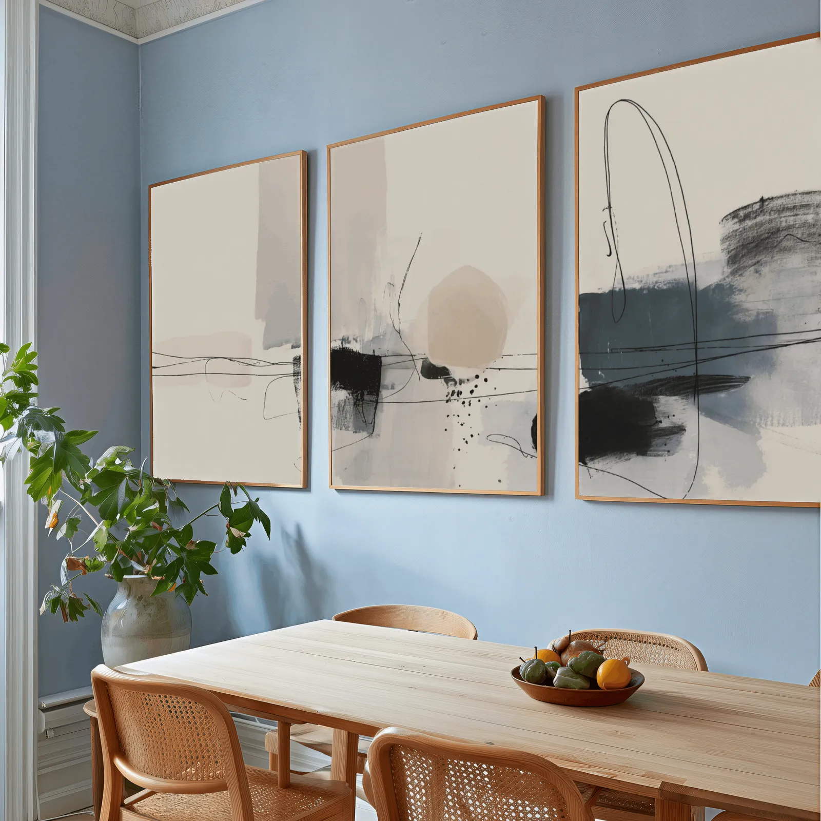 neutral abstract minimalist wall art set of three, above a wooden dining table with cane chairs and a fruit bowl