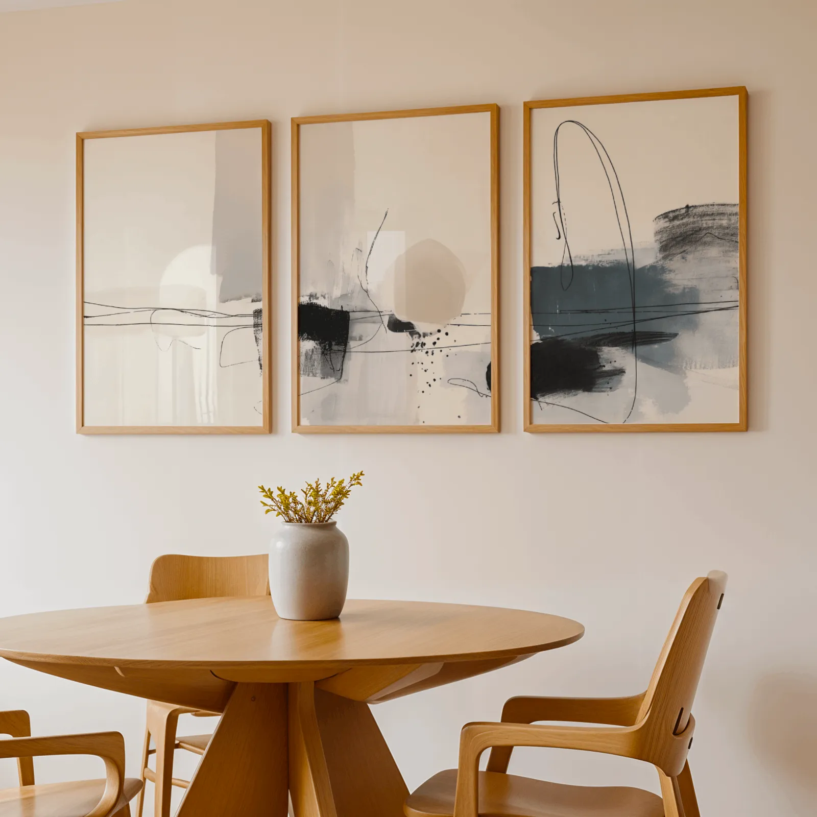 neutral abstract minimalist wall art set of three, above a round wooden table with a stoneware vase