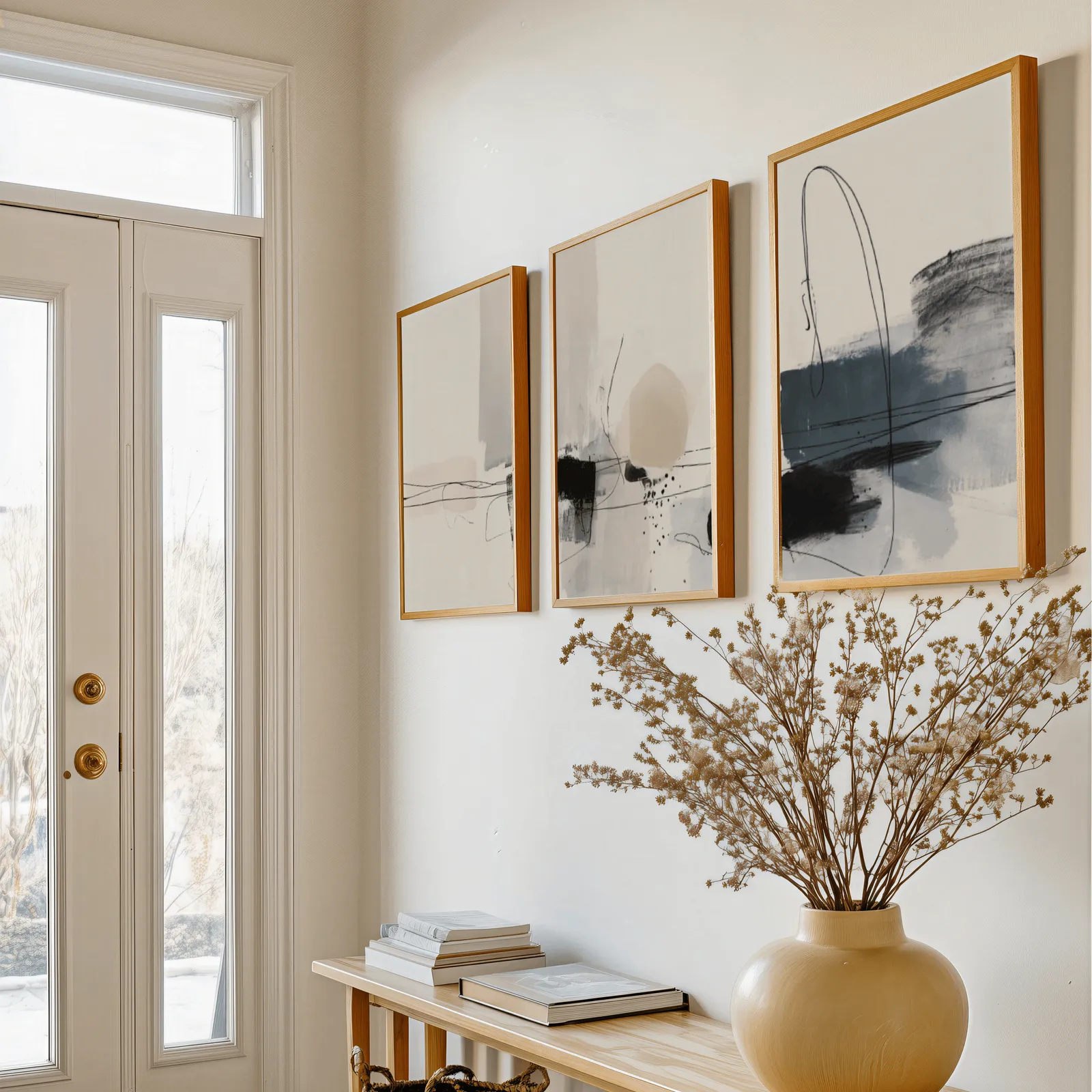 neutral abstract minimalist wall art set of three, above a console table with a yellow vase of dried branches