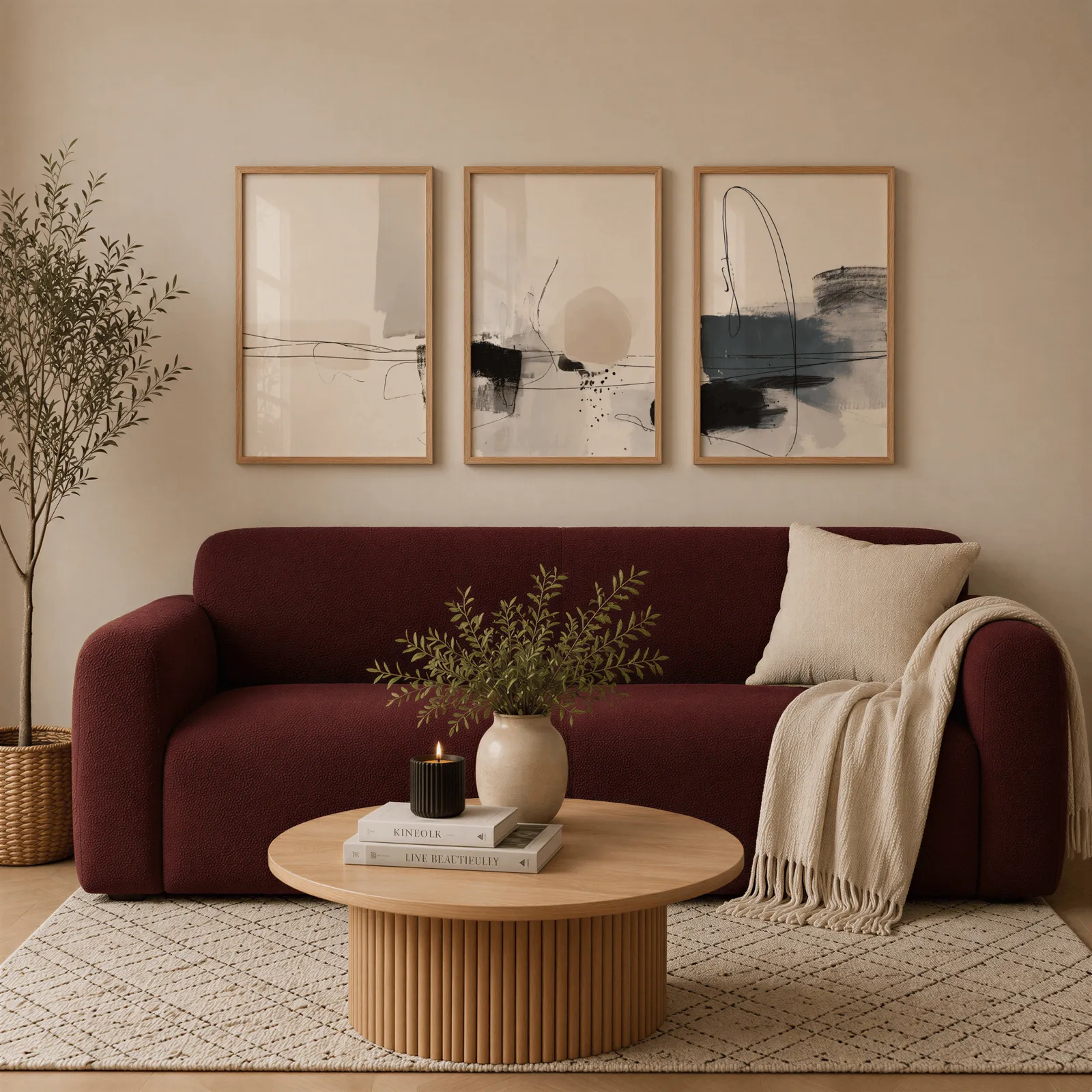 neutral abstract minimalist wall art set of three, above a burgundy boucle sofa with a cream throw