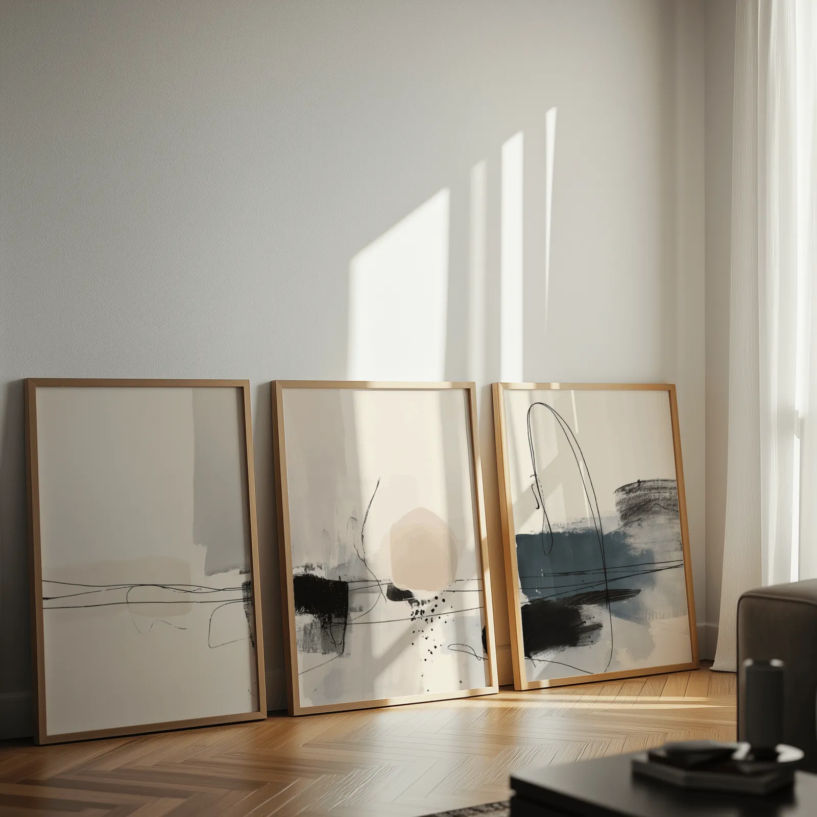 neutral abstract minimalist wall art set of three, leaning against a sunlit wall on herringbone flooring