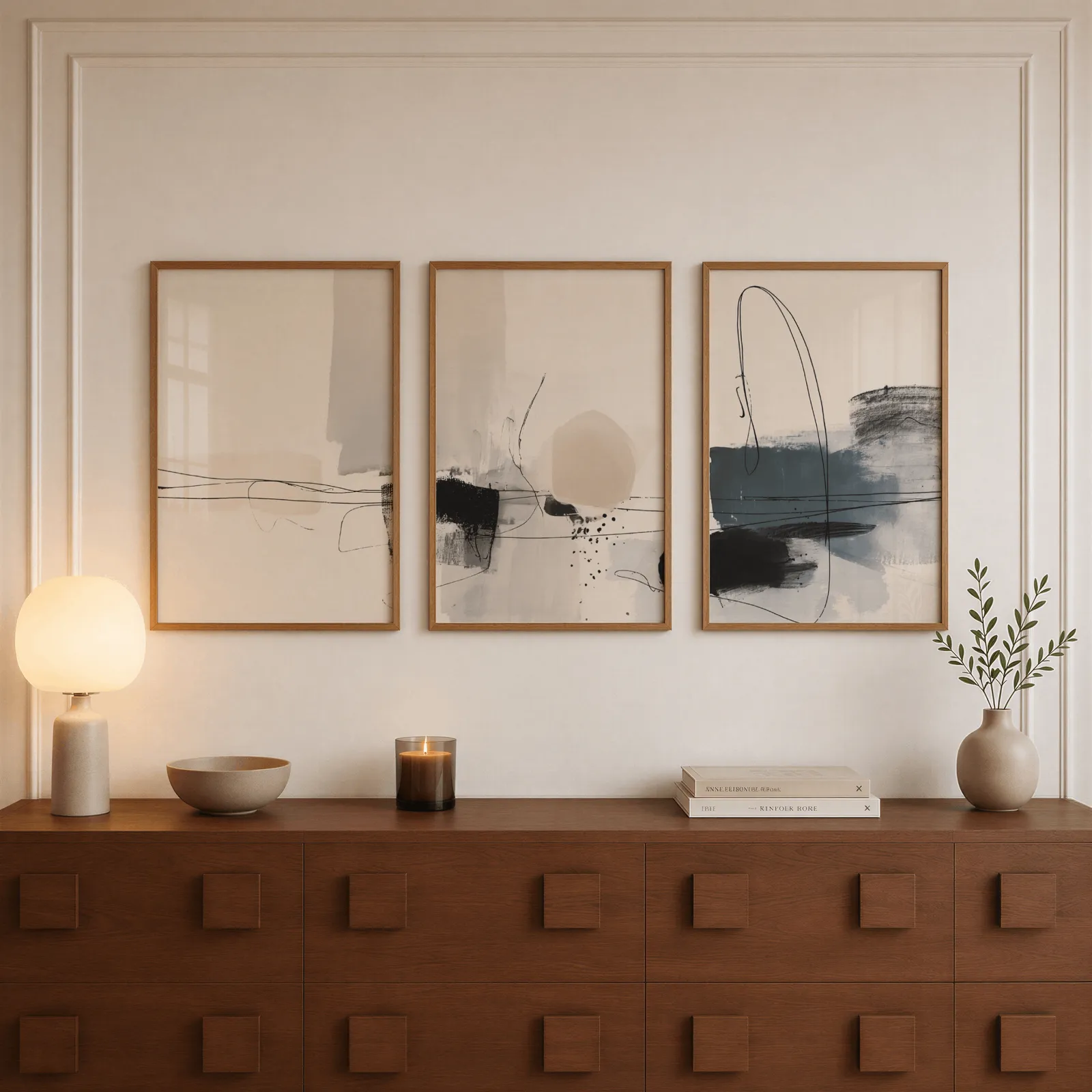 neutral abstract minimalist wall art set of three, above a walnut sideboard with a lit candle and glowing lamp