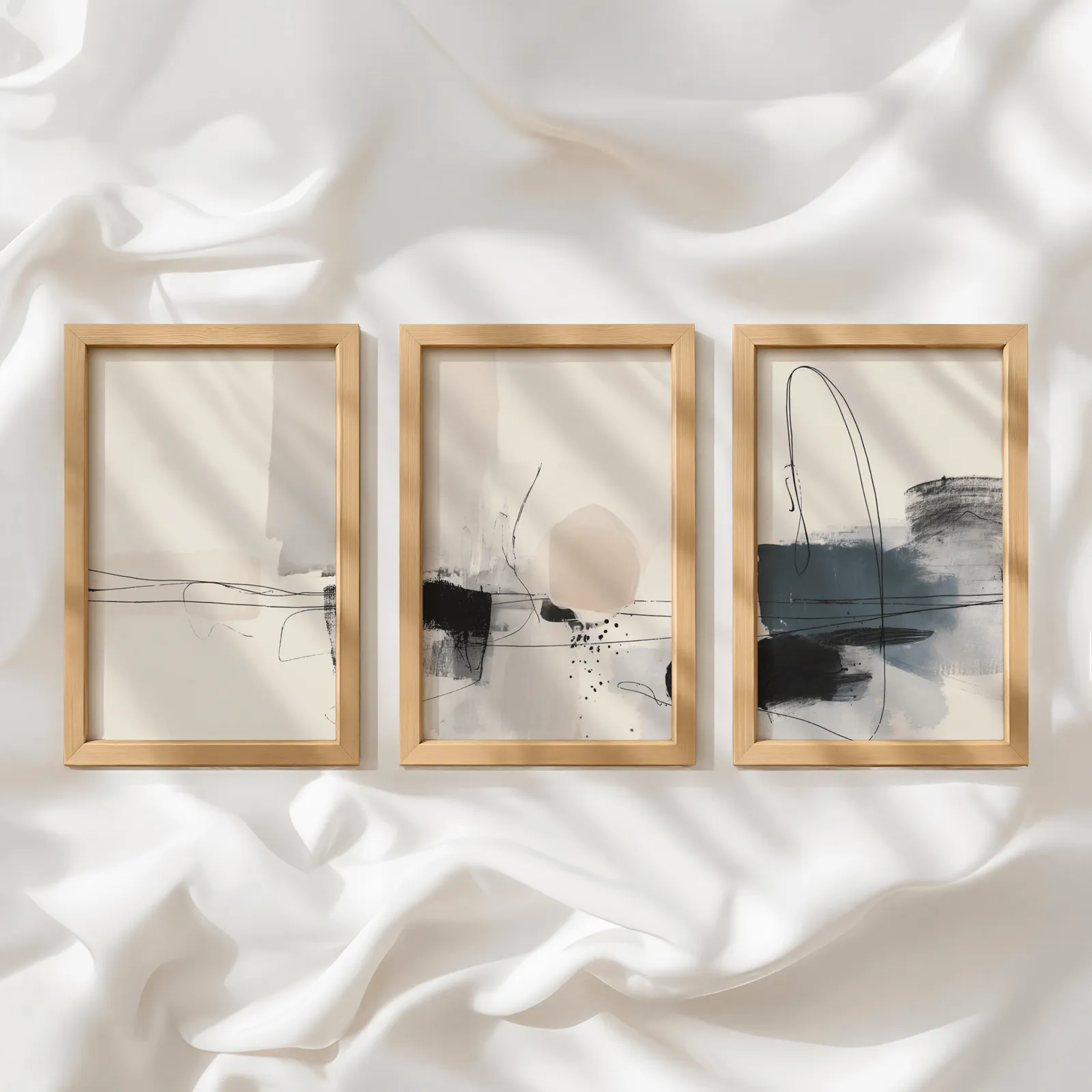 neutral abstract minimalist wall art set of three, in a row atop rumpled white silky fabric