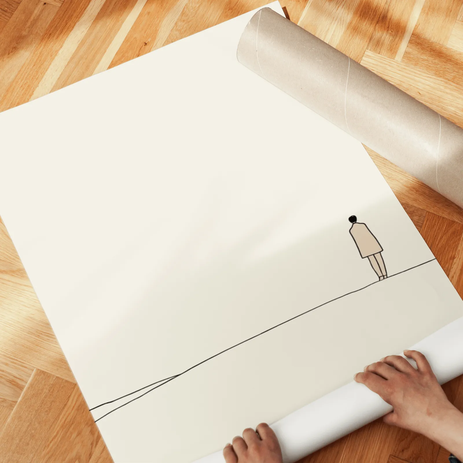 minimalist landscape wall art set of 3 with figure and horizon line, unrolled across a herringbone wood floor by hand