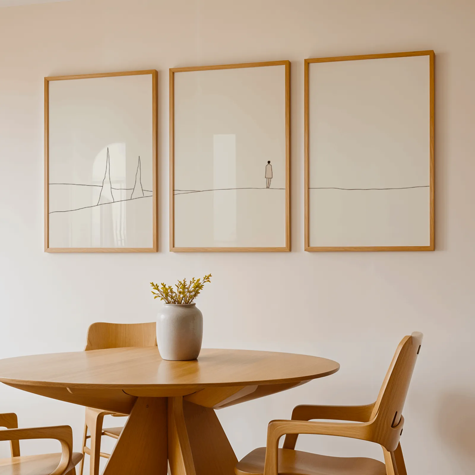 minimalist landscape wall art set of 3 with figure and horizon line, above a round wooden table with a stoneware vase