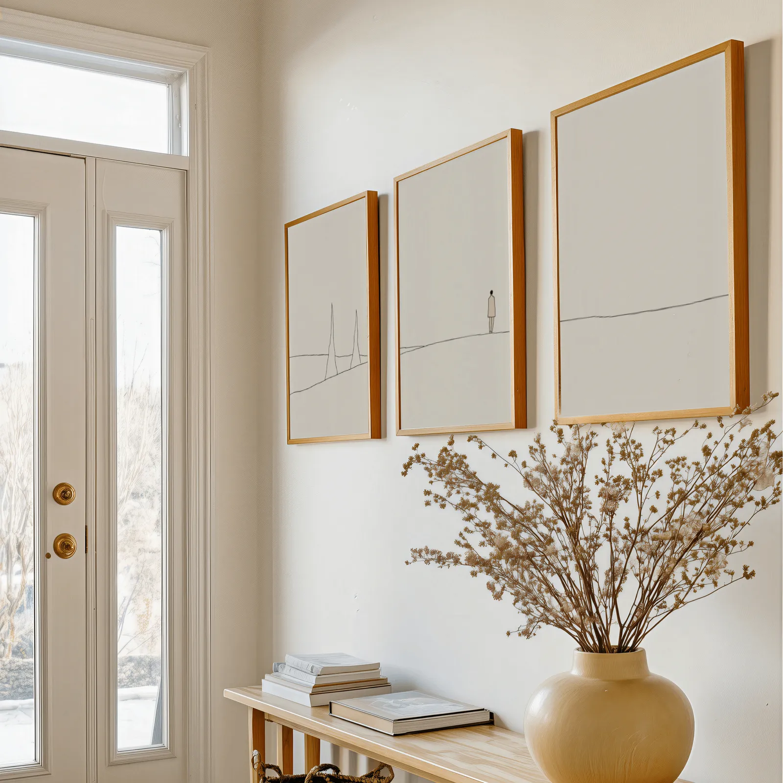 minimalist landscape wall art set of 3 with figure and horizon line, above a console table with a yellow vase of dried branches