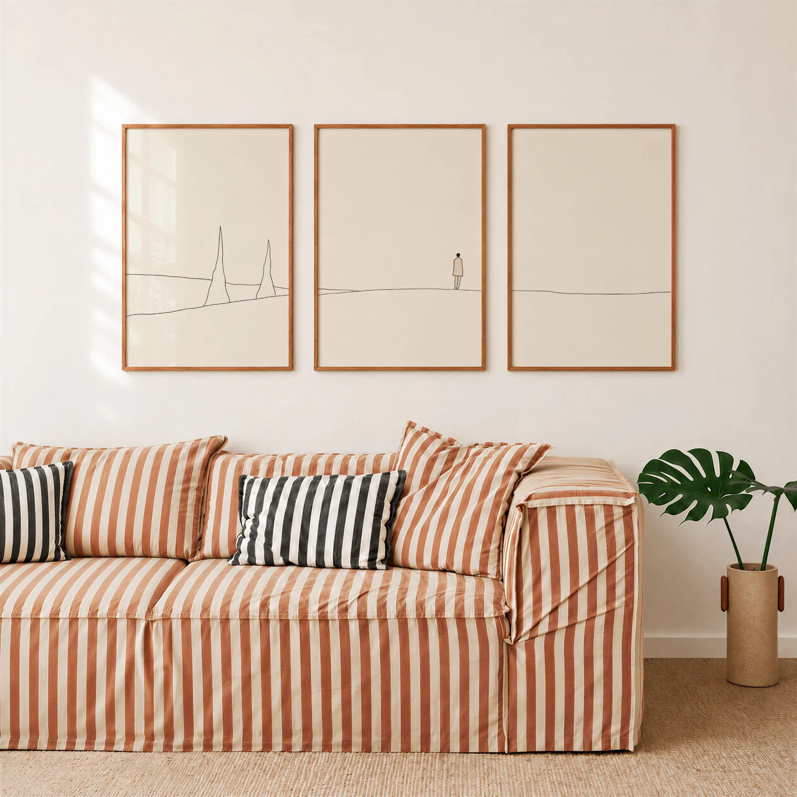 minimalist landscape wall art set of 3 with figure and horizon line, above a rust-striped sofa beside a potted monstera